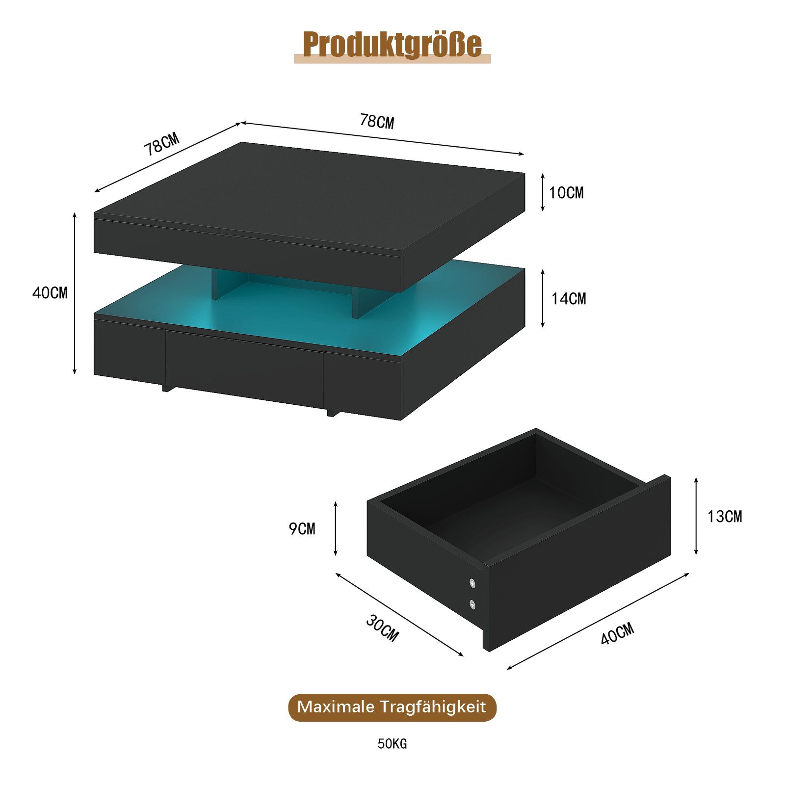 radelldar Couchtisch mit 2 Schubladen, LED&Fernsteuerung matt 78x78x40cm (1 günstig online kaufen