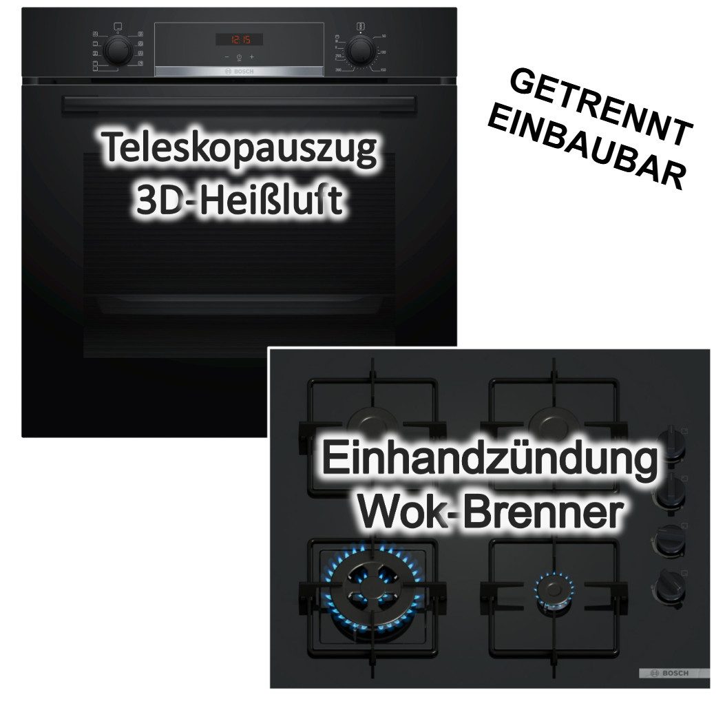 BOSCH Backofen-Set Backofen 3DHeißluft Hydrolyse Teleskopauszug + Gaskochfeld Wokbrenner, mit 1-fach Teilauszug