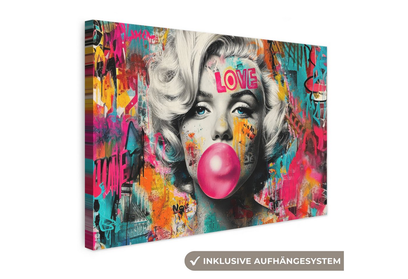 OneMillionCanvasses® Leinwandbild Frau - Kaugummi - Graffiti - Neonfarben, Fotodruck (1 St), Leinwand Bilder Klein, Wand Dekoration Aesthetic 30x20 cm
