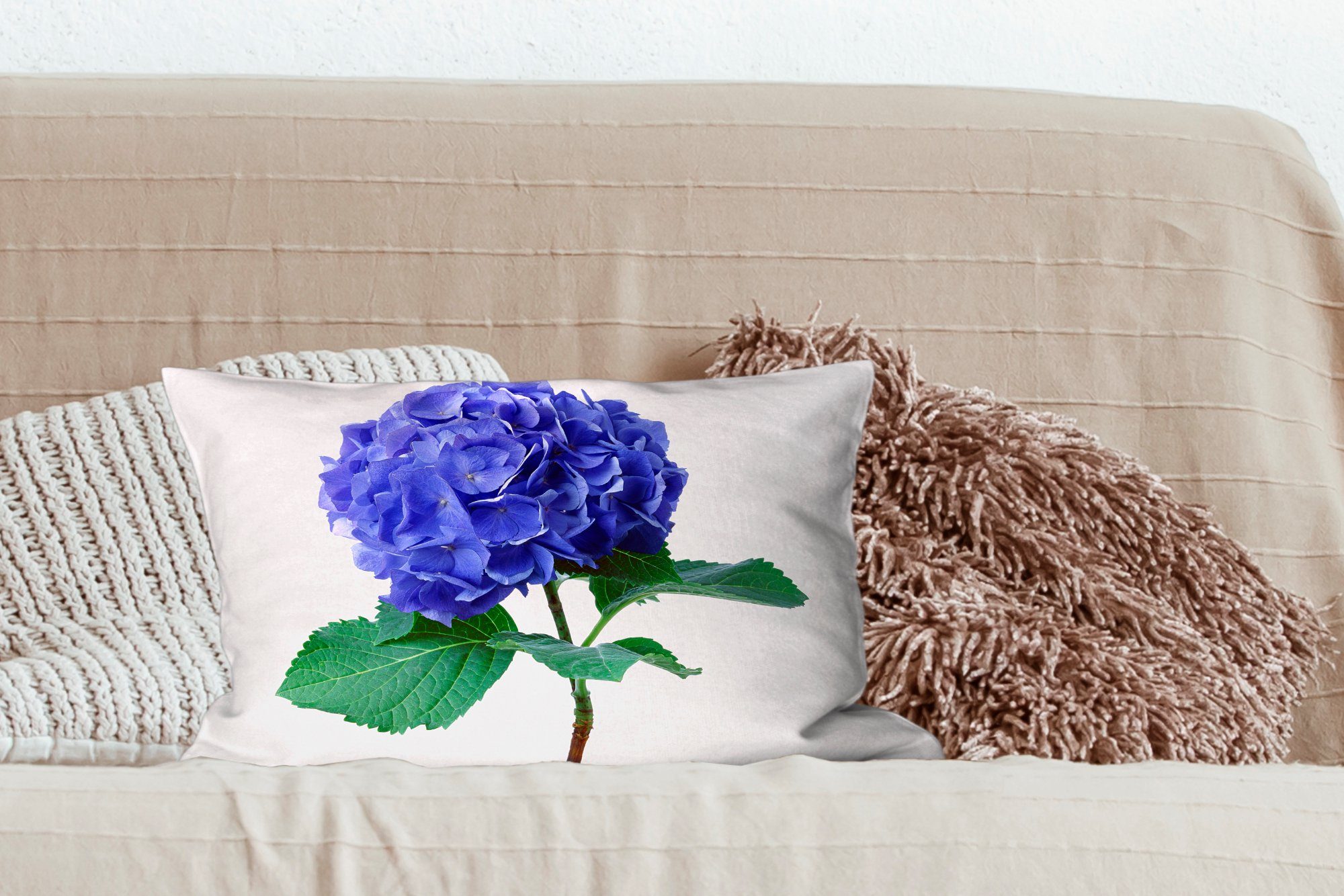 Hortensie MuchoWow Dekokissen Schlafzimmer blau, Wohzimmer Füllung, Dekoration, Zierkissen, Dekokissen mit