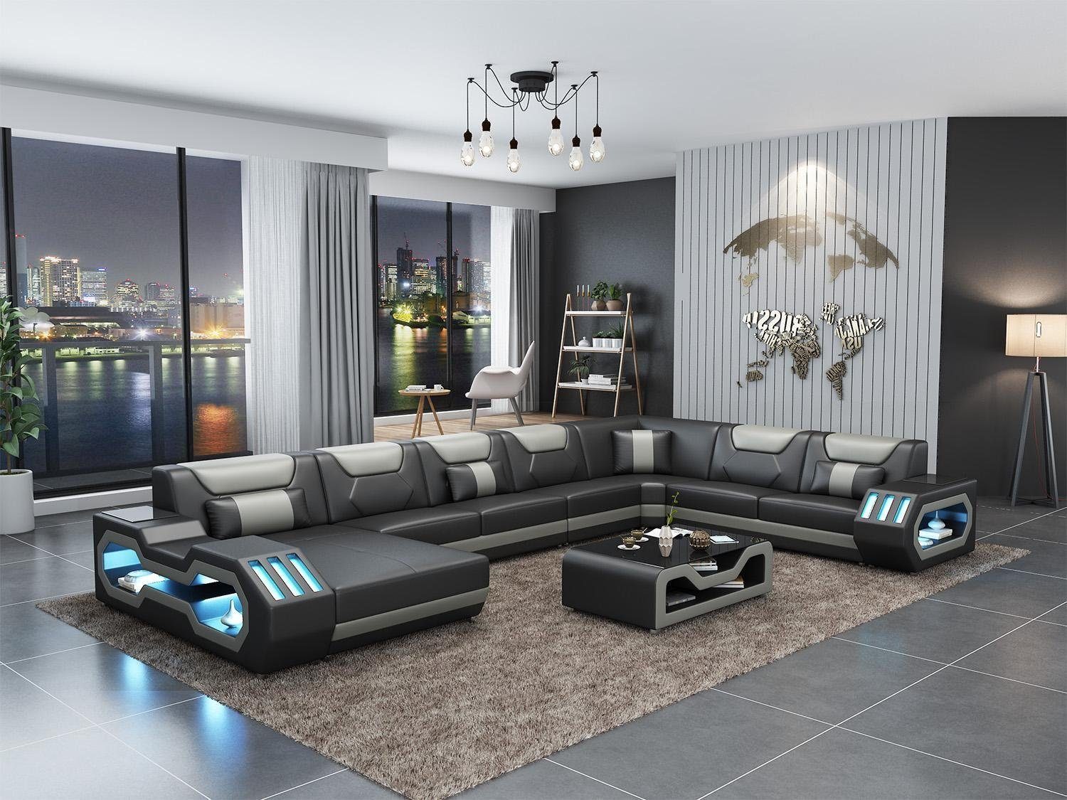 JVmoebel Wohnzimmer-Set, Ecksofa U-Form Couchtisch Couch Design Grau Polster Leder Modern Schwarz/Silber