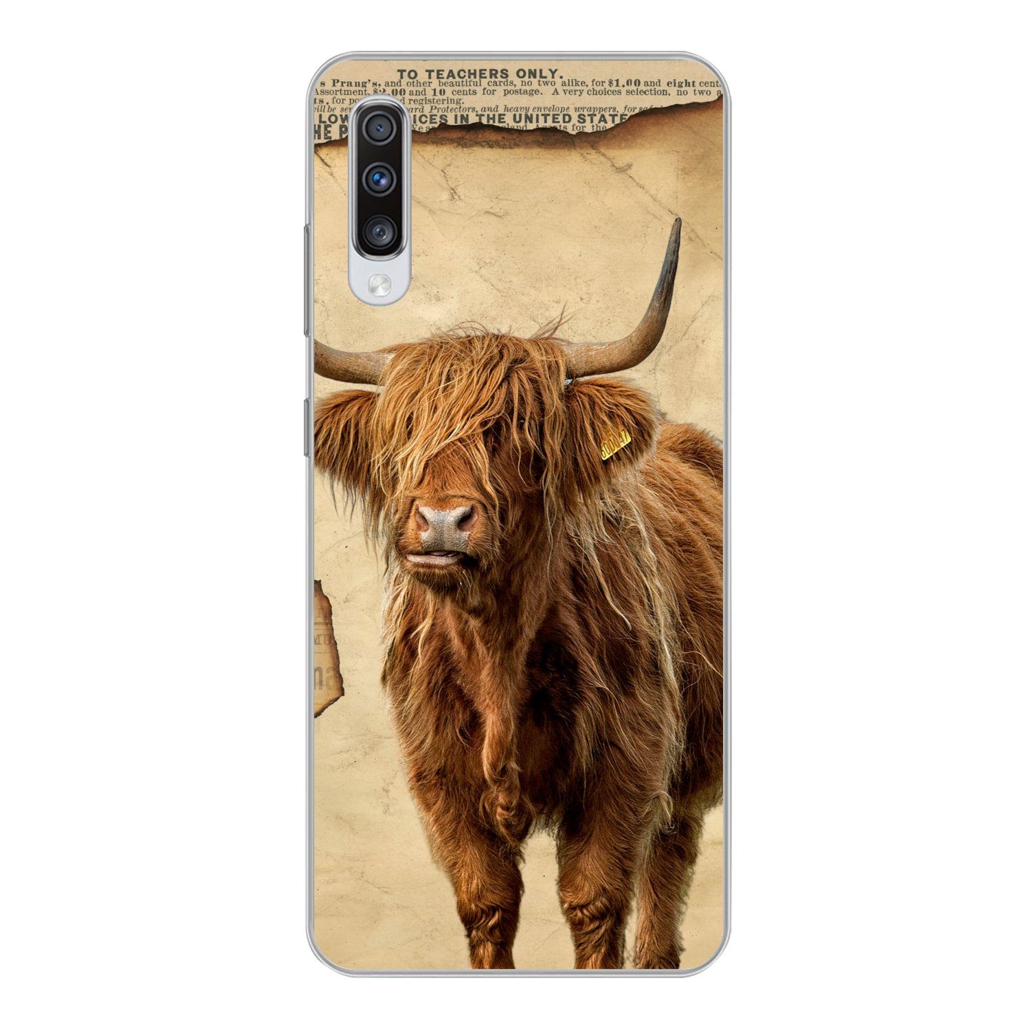 MuchoWow Handyhülle für Samsung Galaxy A70 Schottischer Highlander - Retro - Zeitungsartik, Phone Case, Silikon, Schutzhülle Dünn