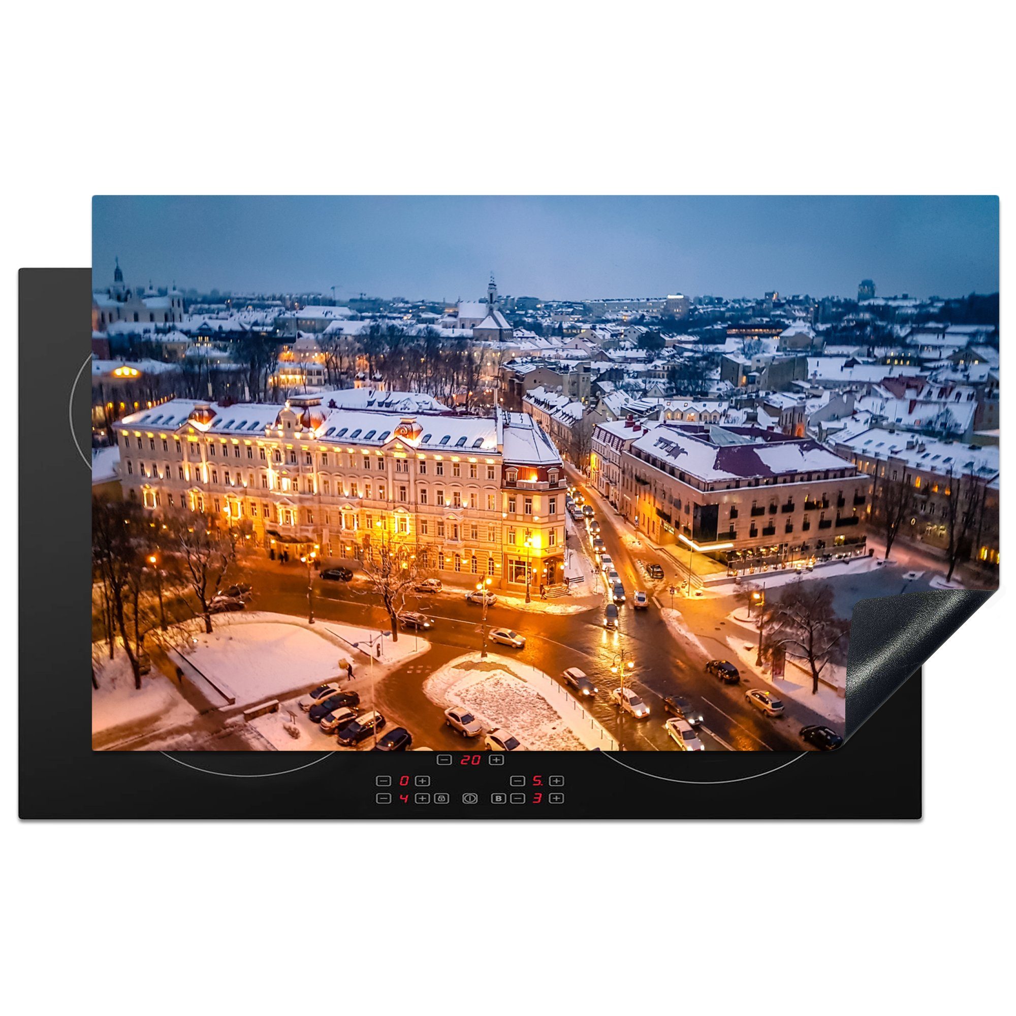 MuchoWow Herdblende-/Abdeckplatte Vilnius Litauisch bei Nacht, Vinyl, (1 tlg), 83x51 cm, Ceranfeldabdeckung, Arbeitsplatte für küche