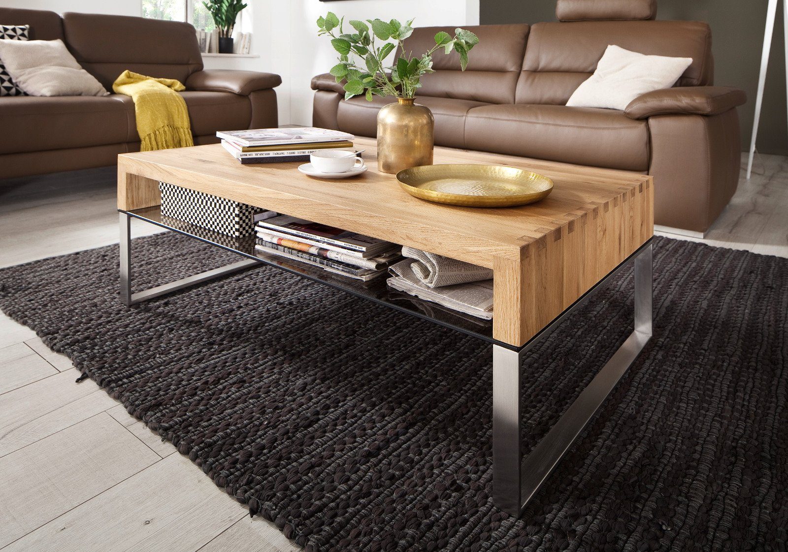 MCA furniture Couchtisch x Tisch Ablage, 110 cm), Asteiche mit (Wohnzimmer 70 massiv Hilary Edelstahl und