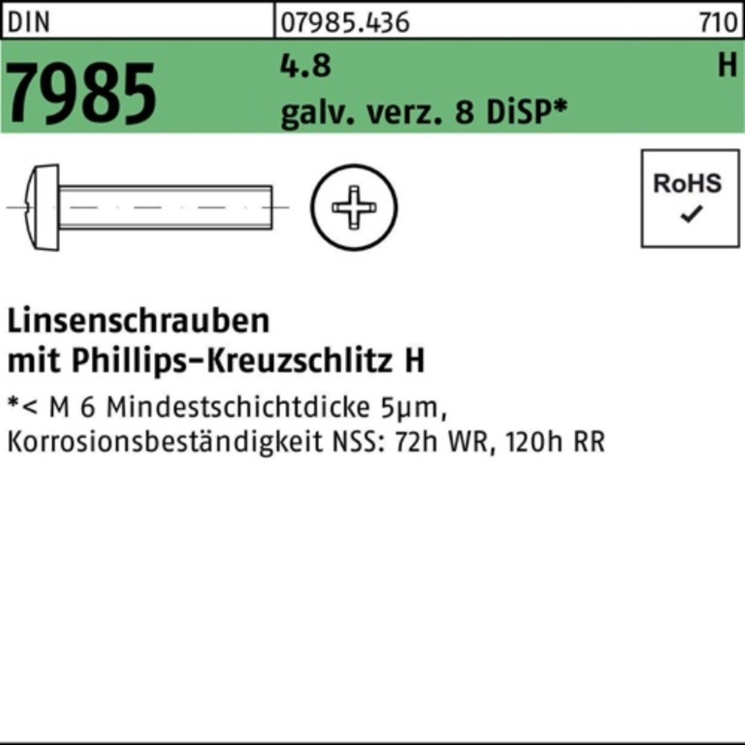 7985 Pack 4.8 DIN DiSP Linsenschraube Reyher 8 PH Linsenschraube 1 M5x16-H 1000er galv.verz.