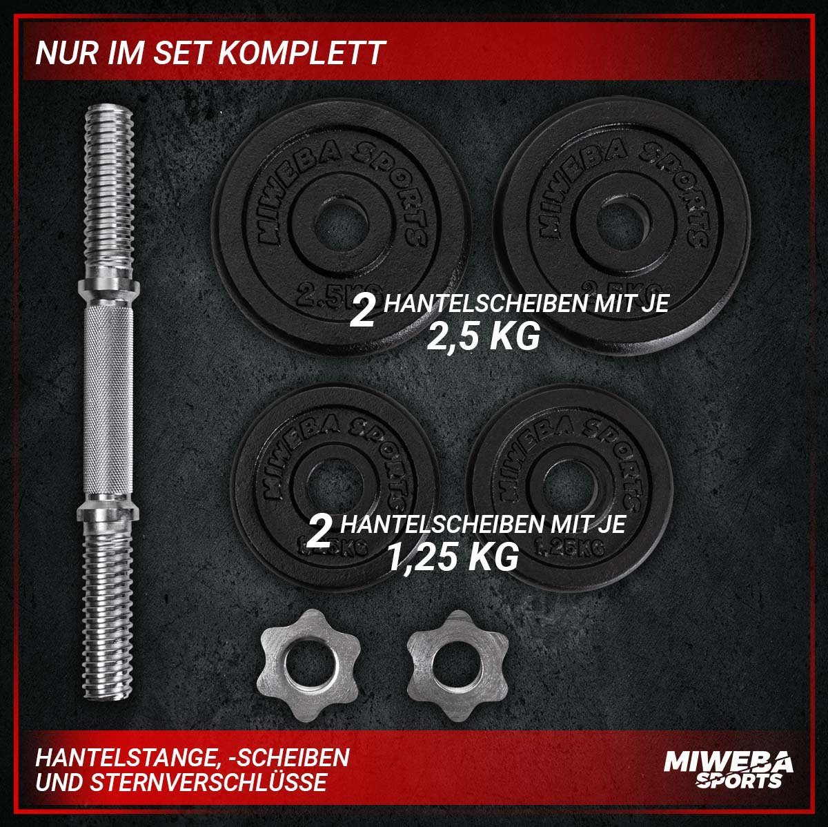 Standardnorm, 2,5 Hanteln Set rutschfest kg, Sport Sport, mit kreuzgerändelt, Training Hantel-Set Kurzhantel 30 Training, 1x kg 10 mm MKH110, teiliges 7 Profi verstellbare Hantelstange Fitness Sternverschluss, aus (Einzelhantel Krafttraining, - Hantelscheiben kg, Miweba Sports Workout, mit Fitnesshanteln & Gewichte), 2x Stahl, 1.25 Muskelaufbau, Stange