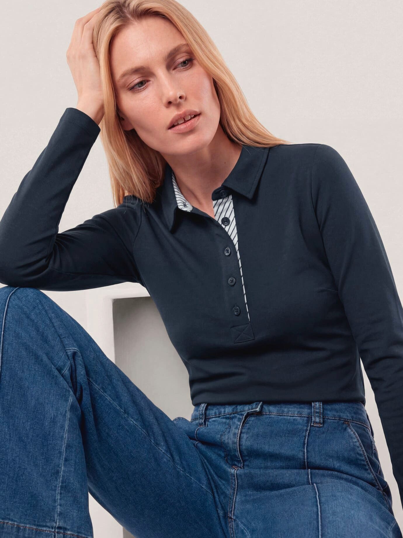 Walbusch Poloshirt Damen Poloshirt aus Baumwolle Polokragen Langarm, pflegeleicht