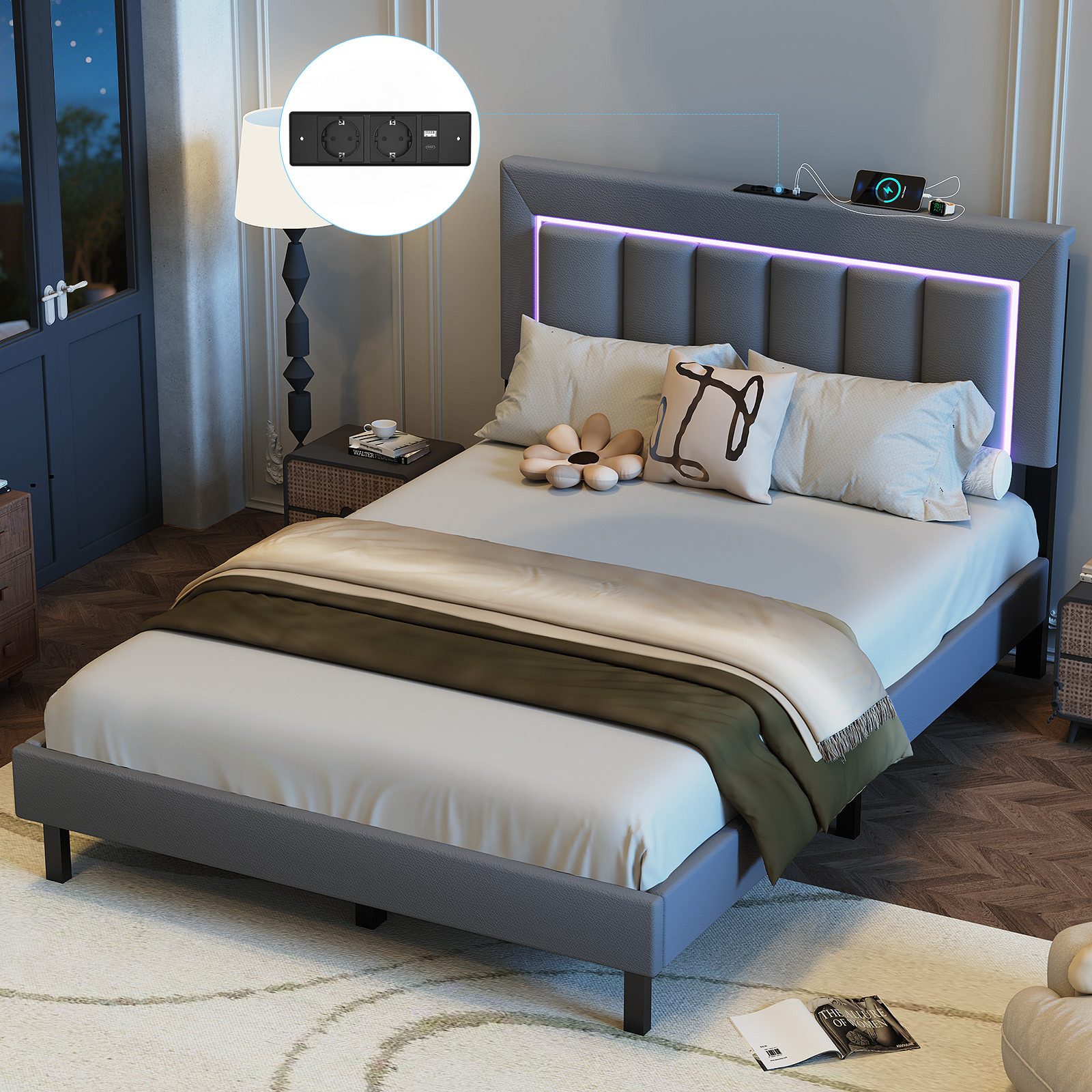 oyajia Polsterbett Polsterbett Doppelbett mit USB+Type C und LED-Beleuchtun günstig online kaufen