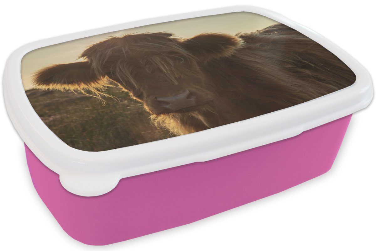 MuchoWow Lunchbox Schottischer Gras, - Highlander Snackbox, Kunststoff (2-tlg), Brotdose Mädchen, Sonnenuntergang Brotbox Erwachsene, Kinder, rosa Kunststoff, - für