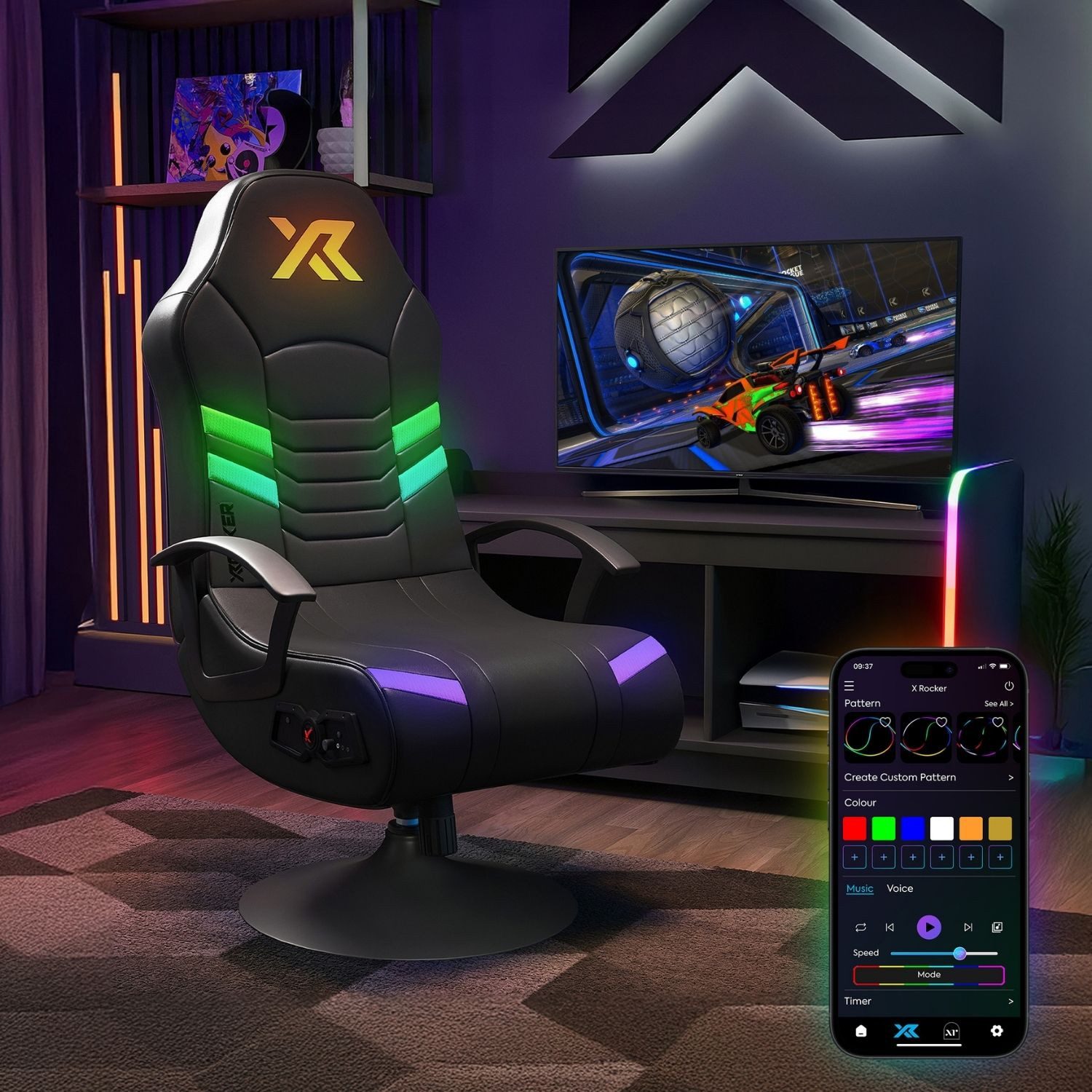 X Rocker Gaming Chair Aries RGB 2.1 Audio LED Gamingstuhl für Junioren – Schwarz, LED-Leuchten, Audio