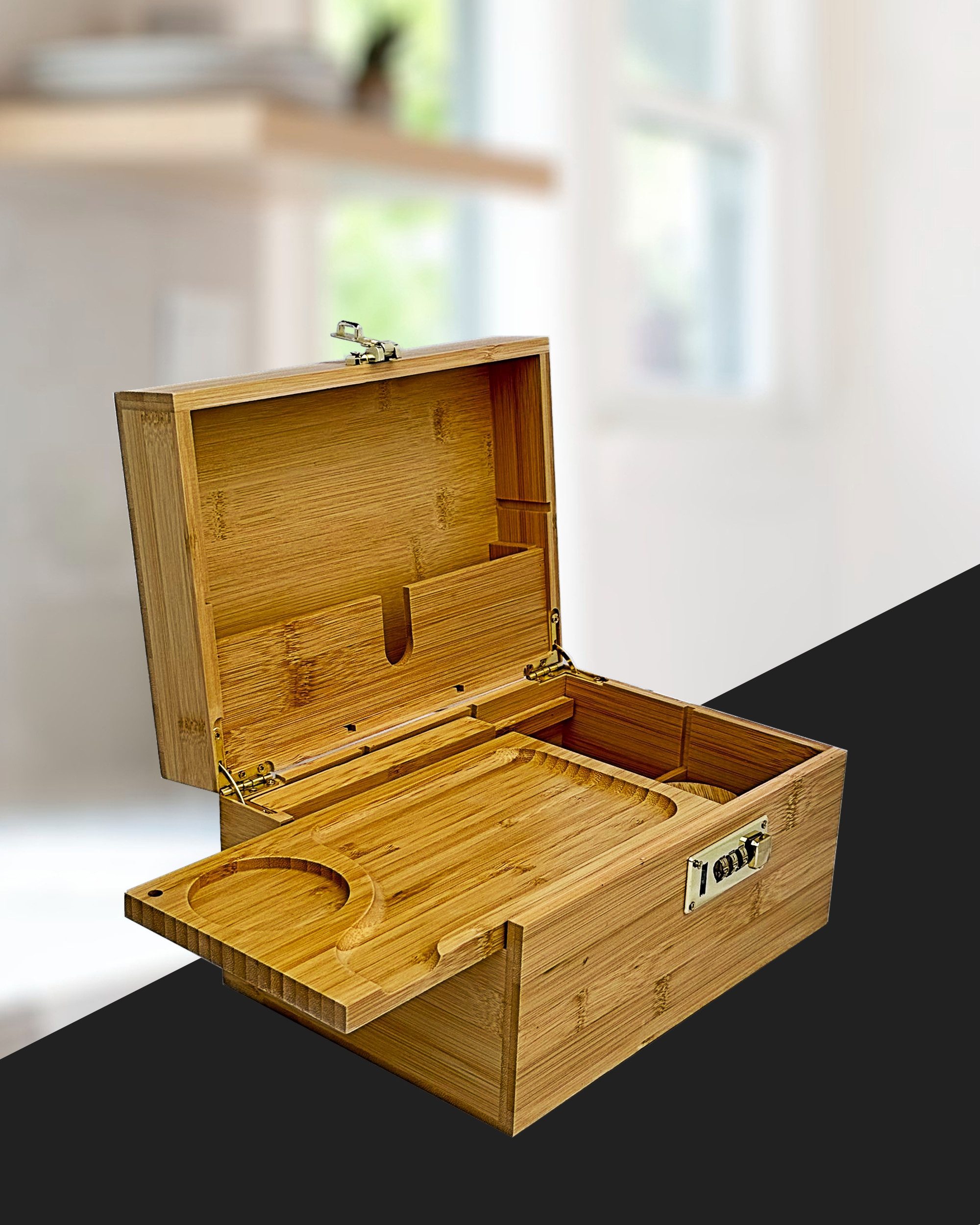 Starhome Schatzkiste - Aufbewahrungsbox aus Bambus mit Zahlenschloss I 25,5x18x14 cm, Herausnehmbare Trennfächer, extra große Box – Bild 4 von 5