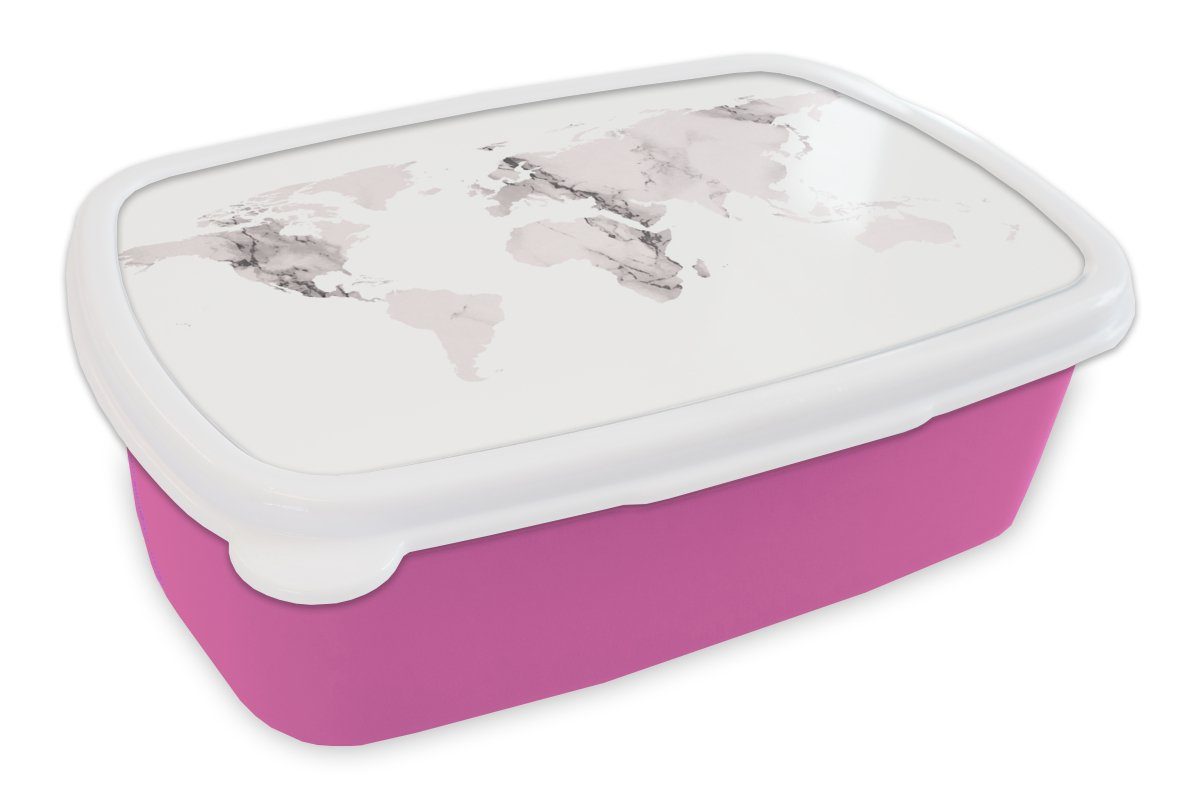 MuchoWow Lunchbox Weltkarte - Marmor - Grau, Kunststoff, (2-tlg), Brotbox für Erwachsene, Brotdose Kinder, Snackbox, Mädchen, Kunststoff rosa