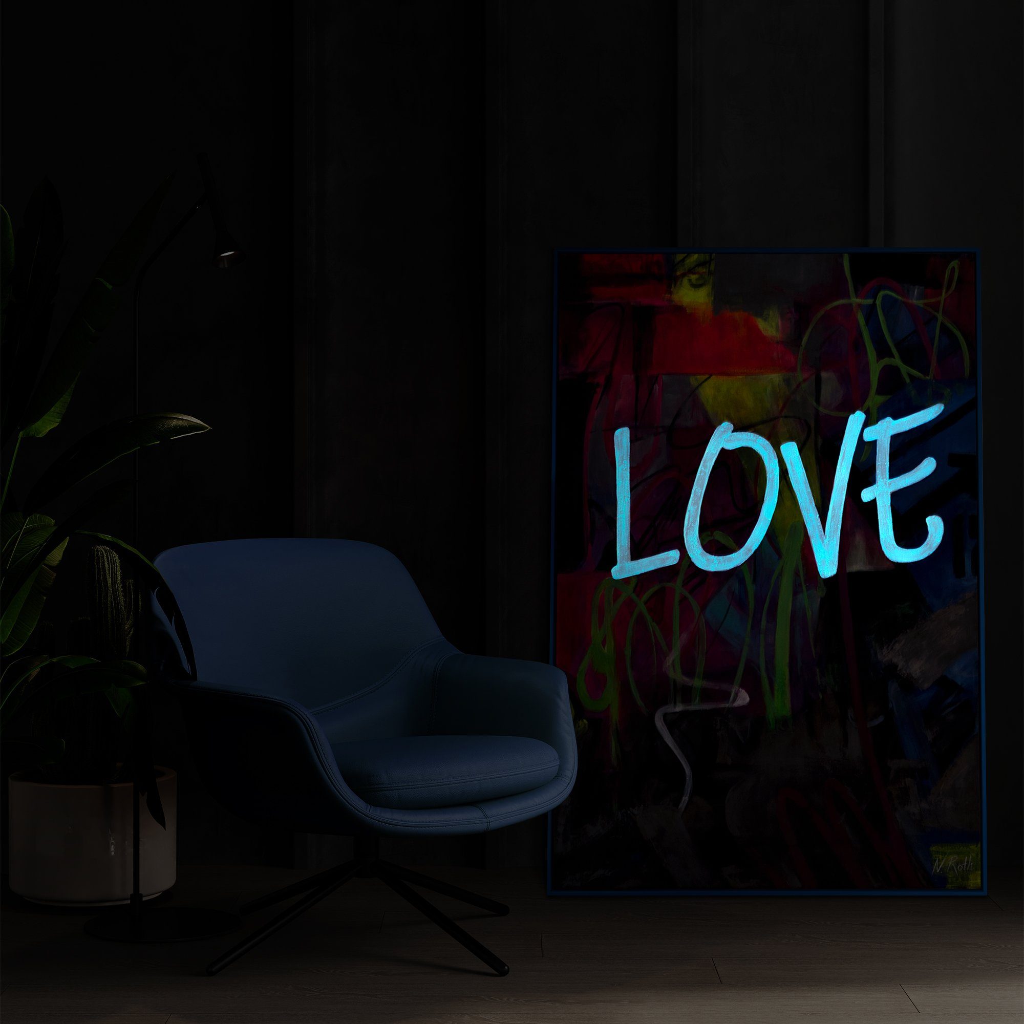 Abstraktion Blau in Rahmen Love, YS-Art Mit Gemälde