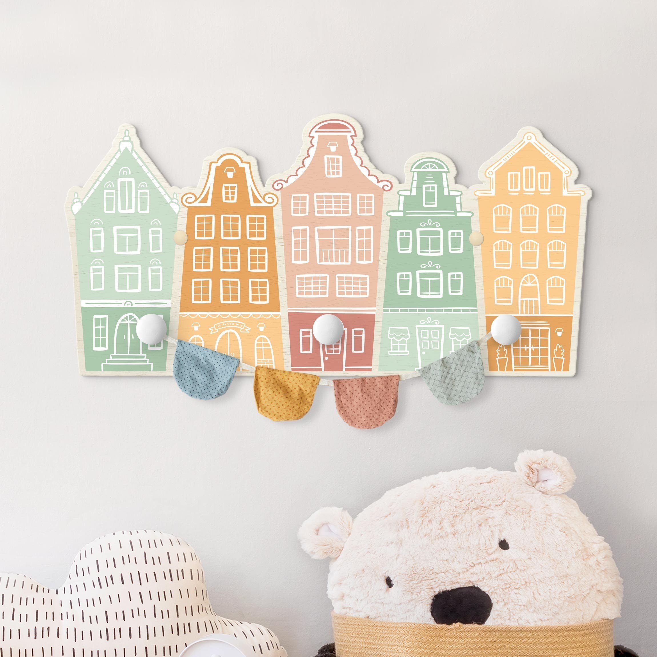 Bilderdepot24 Garderobenpaneel pastell Kinderwelten Häuser Siedlung (Kindergarderobe holz Kleiderhaken für die Wand inkl. Montagematerial), moderne Wand Garderobenleiste Flur - kleine Hakenleiste Kinderzimmer