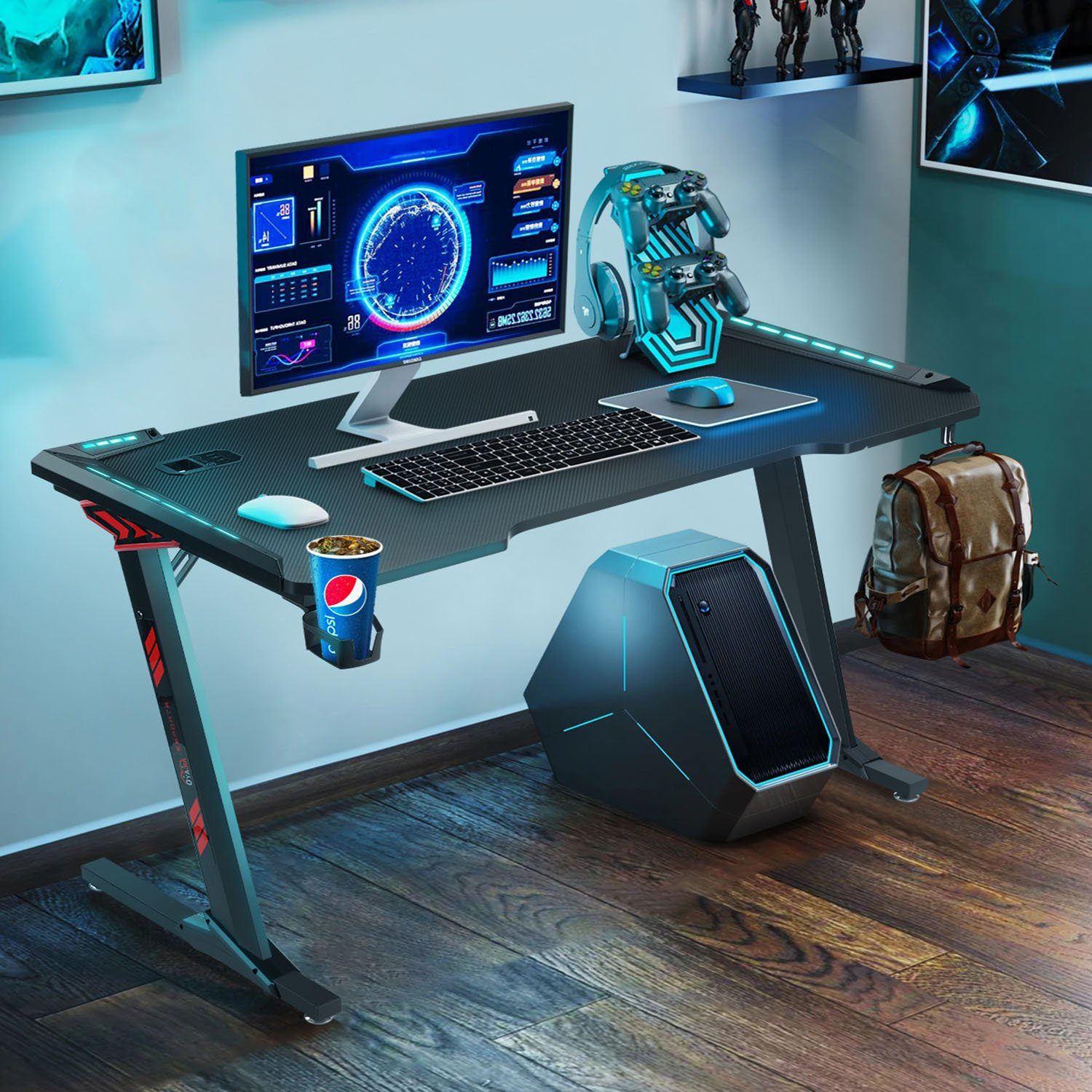 Stabiler Tisch, Gamingtisch oyajia und 140 Getränkehalter 60cm Computertisch x Schreibtisch, mit Gamingtisch Gamer Kopfhörerhalter Gaming USB-Anschluss, LED