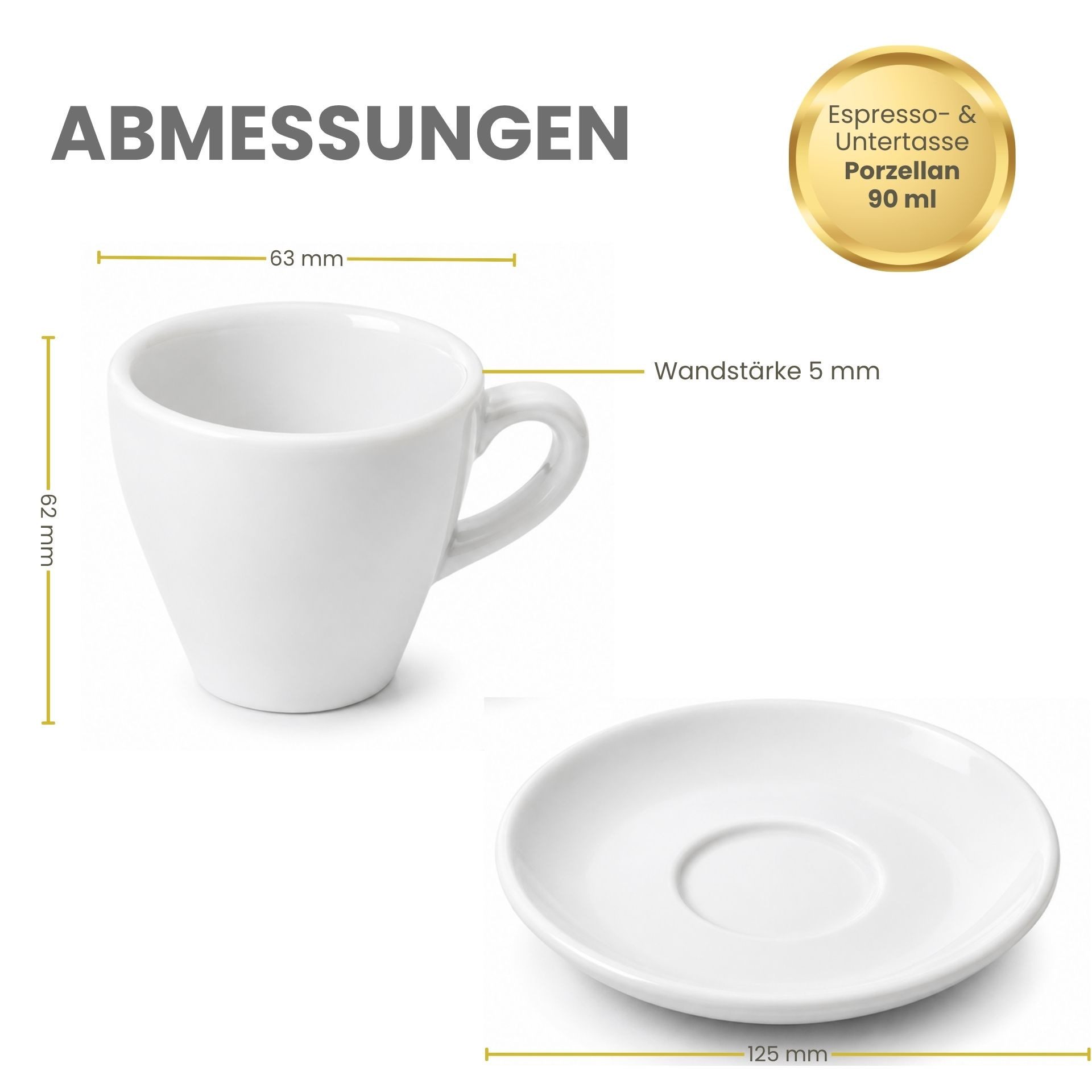 mikken Espressotasse 2er Set Espressotassen mit Untertassen aus Porzellan 90 ml Weiß, Gastroqualität, Randstärke 5mm – Bild 3 von 3