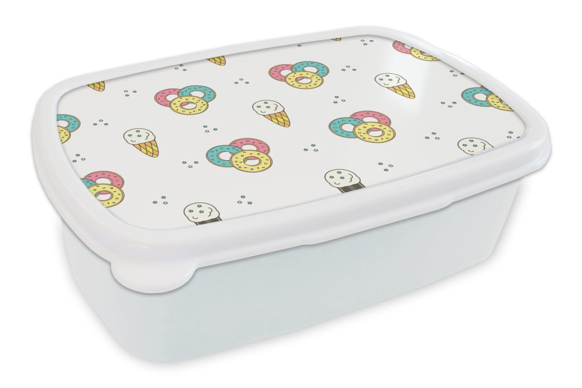 MuchoWow Lunchbox Muster - Eiscreme - Donus - Jungen - Kinder, Kunststoff, (2-tlg), Brotbox für Kinder und Erwachsene, Brotdose, für Jungs und Mädchen weiß