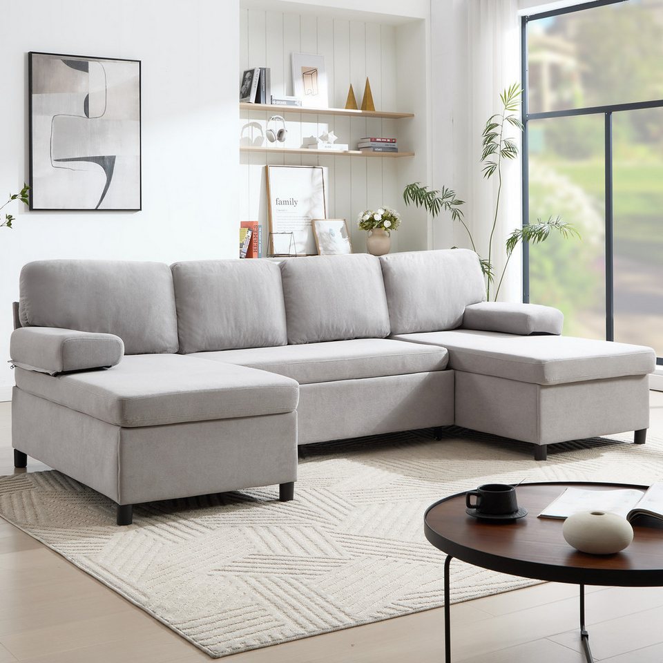 HOMYEDAMIC Ecksofa U-Form Schlafsofa 285x135, Hellgrau