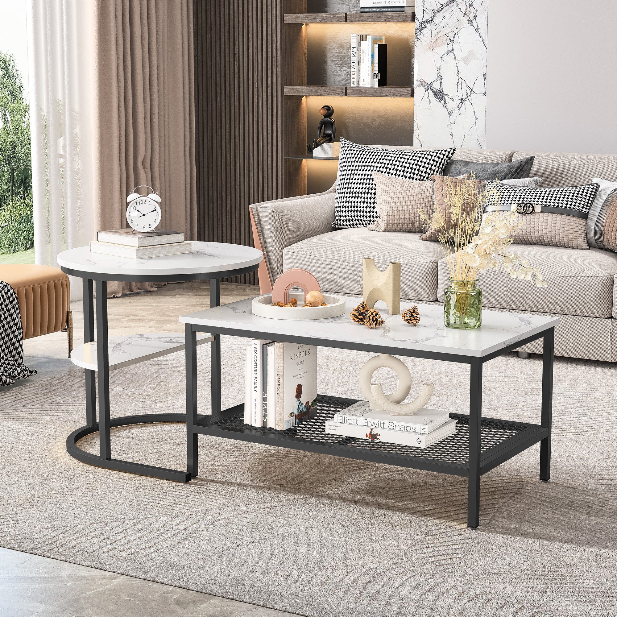 FUROKOY Couchtisch Beistelltisch Sofatisch wohnzimmertisch kaffeetisch 2er set, Runder und quadratischer Tisch,Schwarz,Marmoroptik – Bild 3 von 5