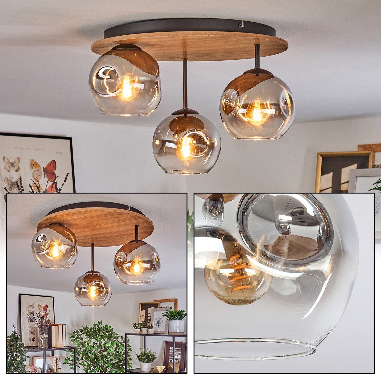 hofstein Deckenleuchte Deckenlampe aus Metall/Holz/Glas in Schwarz/Natur/Ch günstig online kaufen