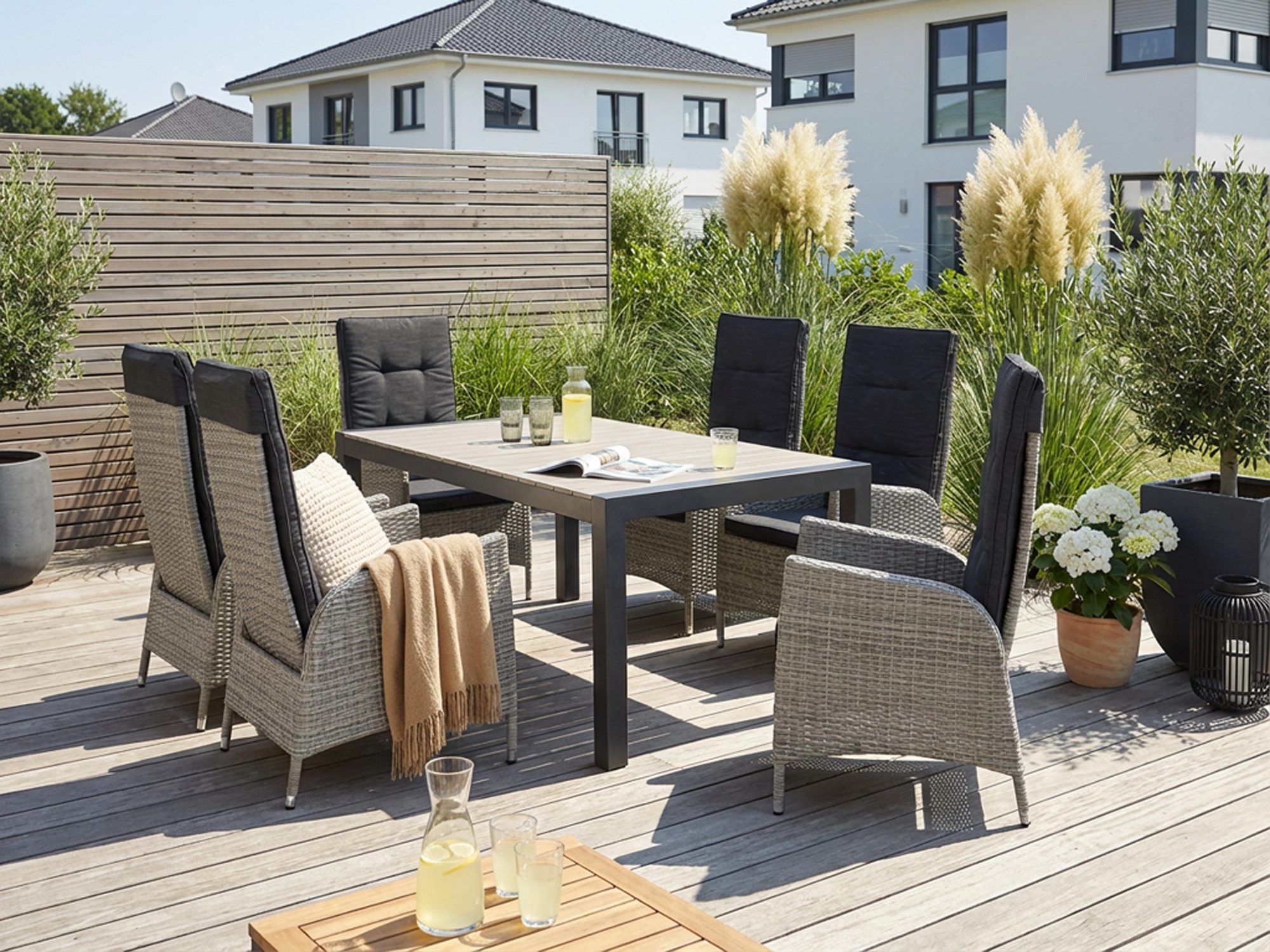 KONIFERA Garten-Essgruppe Alva, (Set, 13-tlg., 6x Stuhl, 1x Tisch ausziehbar 205-275 cm, inkl. Auflagen), Aluminium, Polyrattan, Rückenlehnen stufenlos verstellbar, Grau