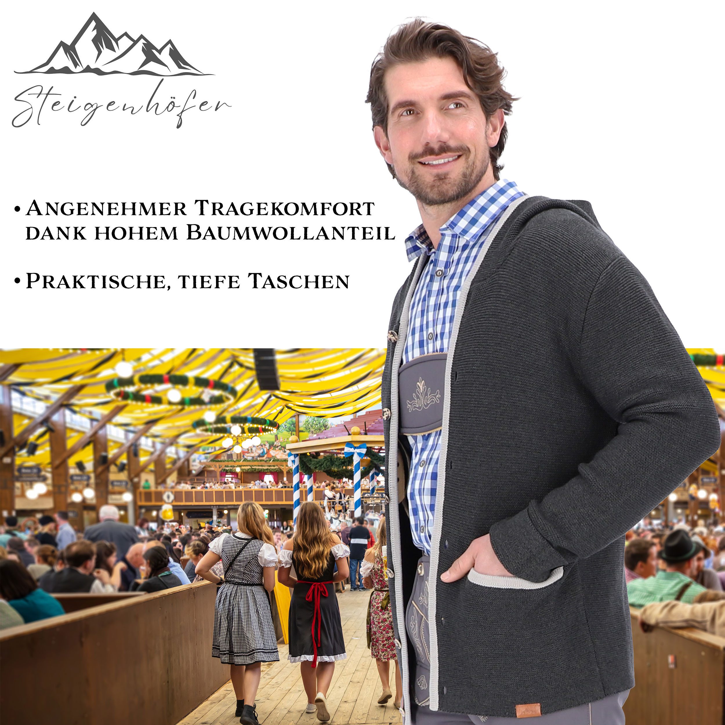 Steigenhöfer Manufaktur Trachtenstrickjacke Herren mit Kapuze - Cardigan - Strickjacke zum Oktoberfest Outfit Hornoptik Knöpfe - bequemer Tragekomfort - Traditionelle Trachtenweste