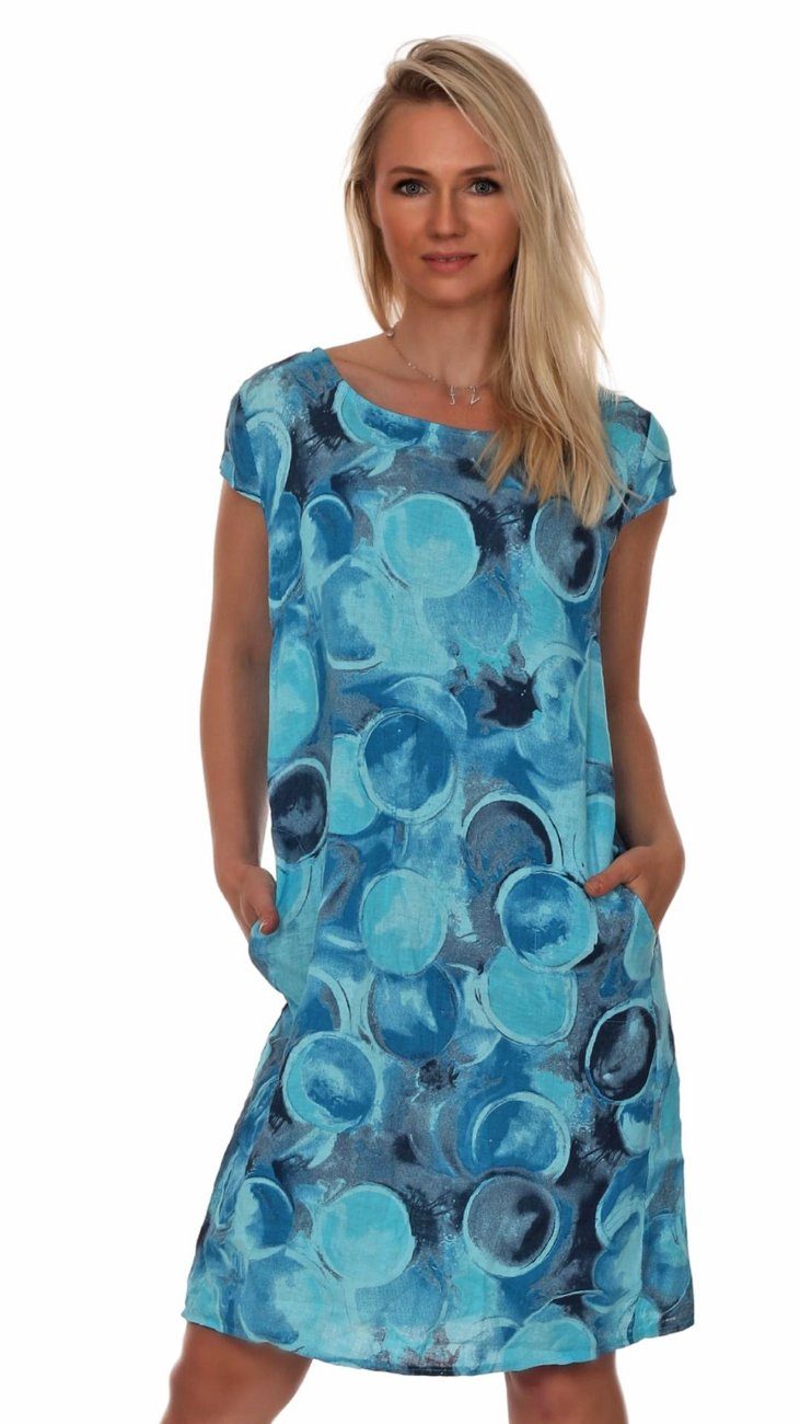 Charis Moda A-Linien-Kleid Leinenkleid Sommerkleid Belli Rotondi Kurzarm Blau
