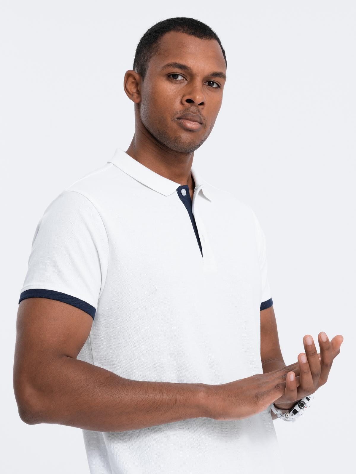 OMBRE Poloshirt Herren Poloshirt mit Kontrastbesatz Slim Fit Weiß L (1-tlg) in Unifarbe