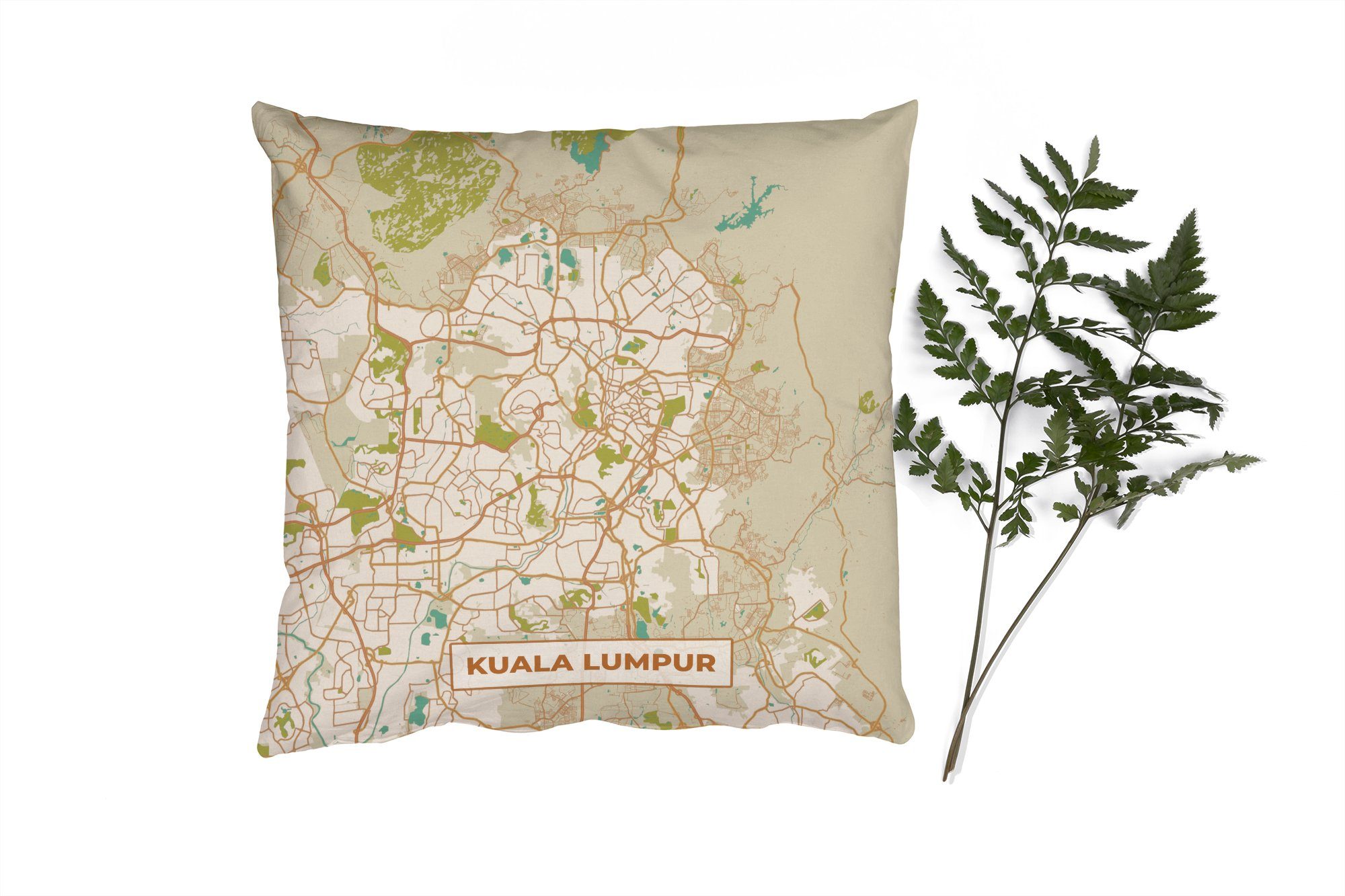 MuchoWow Dekokissen Kuala Lumpur - Stadtplan - Vintage - Karte, Zierkissen mit Füllung für Wohzimmer, Schlafzimmer, Deko, Sofakissen