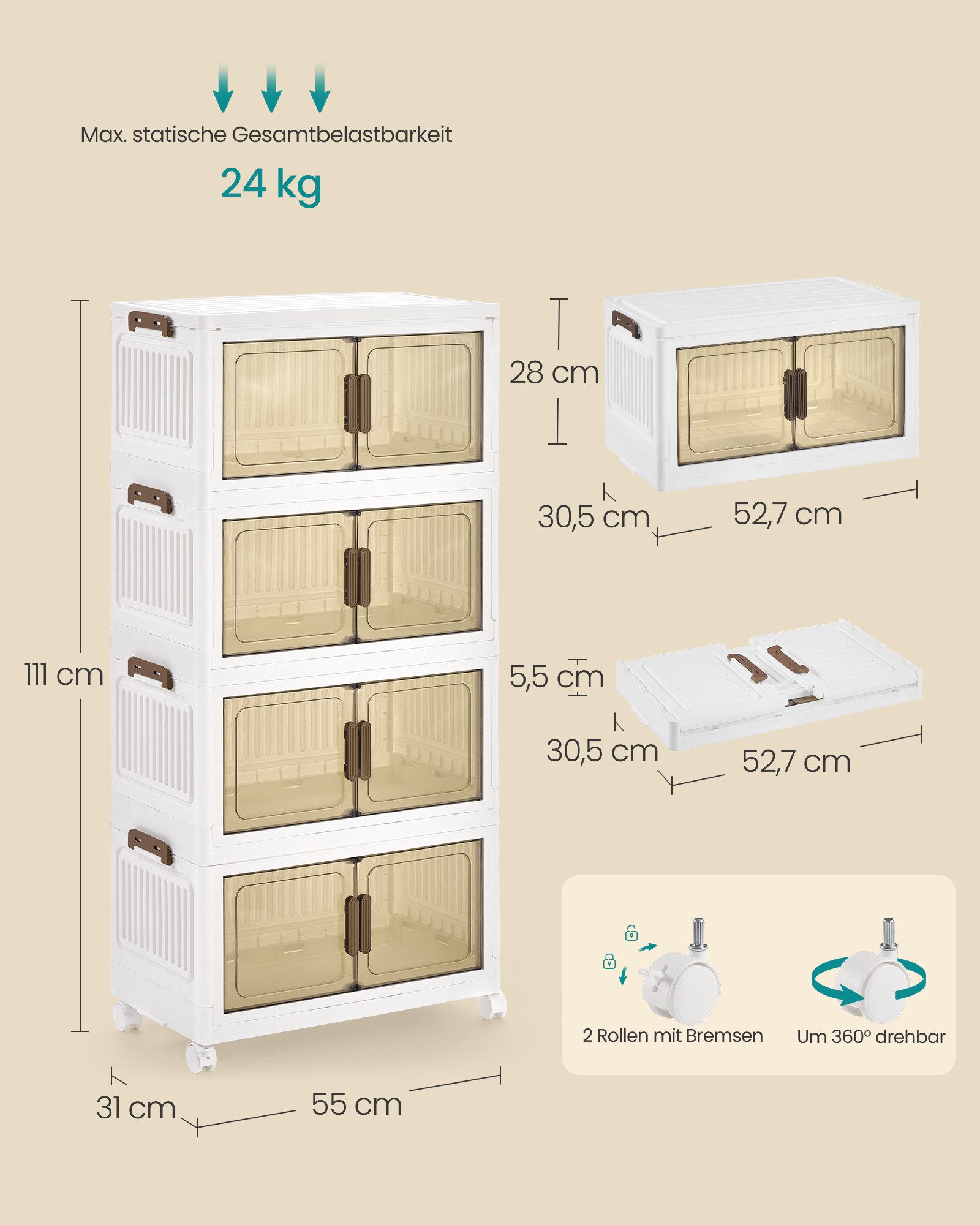 SONGMICS Aufbewahrungsbox 4 Ebenen, Organizer mit 1 Deckel, Stapelboxen auf Rollen, Plastikboxen, Ordnungsboxen 25/45/55 L pro Ebene, 100/180/220 L insgesamt