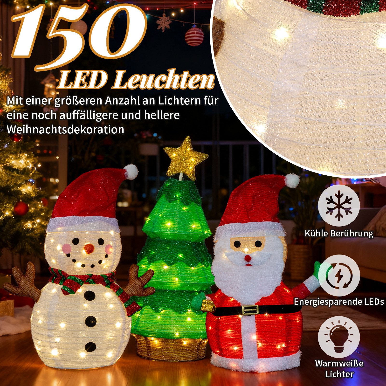 LALAHO Weihnachtsmann Schneemann & Weihnachtsbaum Kombination, mit 150 warmweißes LEDs für Außen und Innen – Bild 4 von 5