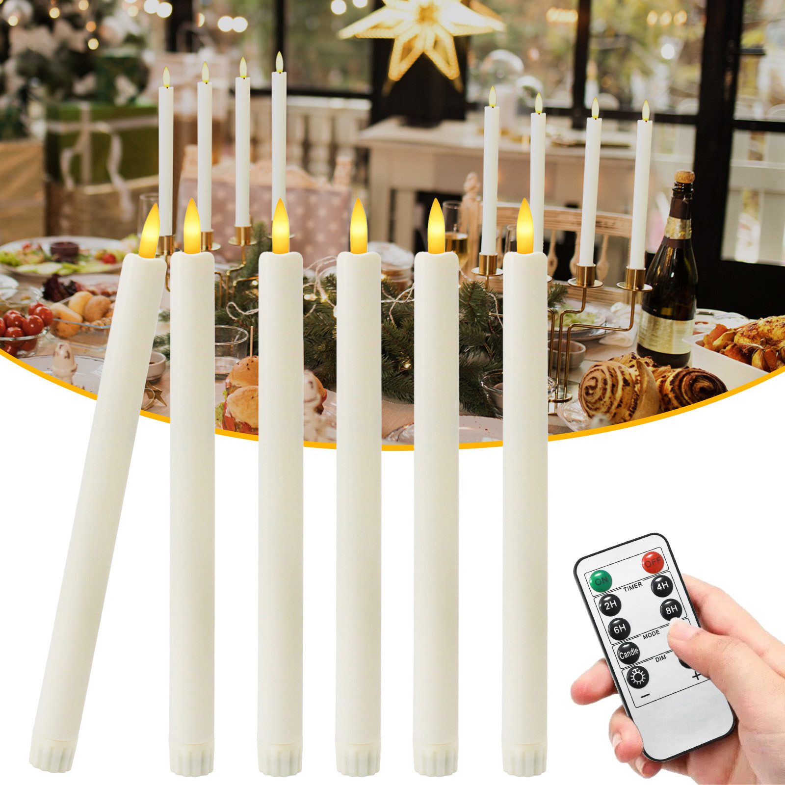 OZAVO LED-Kerze K-TZ06 6/12pcs LED Stabkerzen mit Fernbedienungs und Timer, Zwei Modi und Dimmbar, Warmweiße Flammenlose Tischkerzen Dekorative Kerzen, Timerfunktion für 2, 4, 6 und 8 Stunden