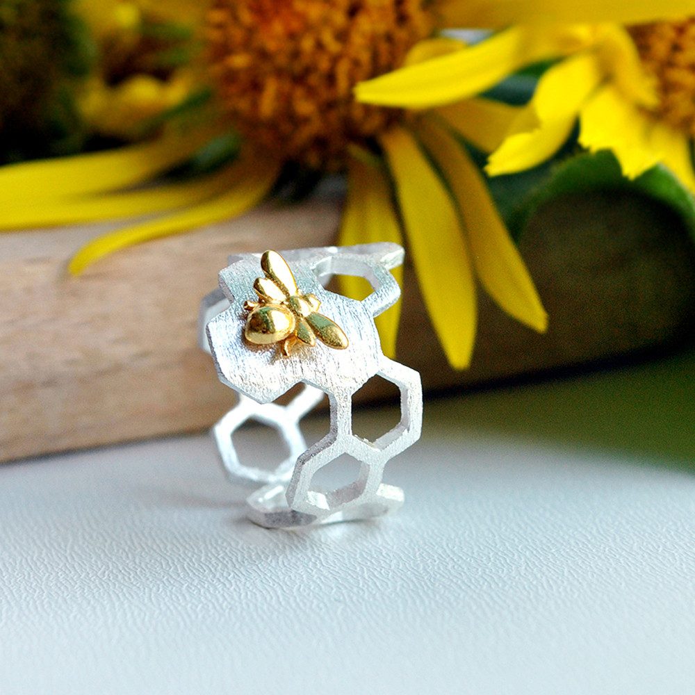 Runde Perlé Silberring "Fleißige Biene", handgefertigter verstellbarer Ring günstig online kaufen