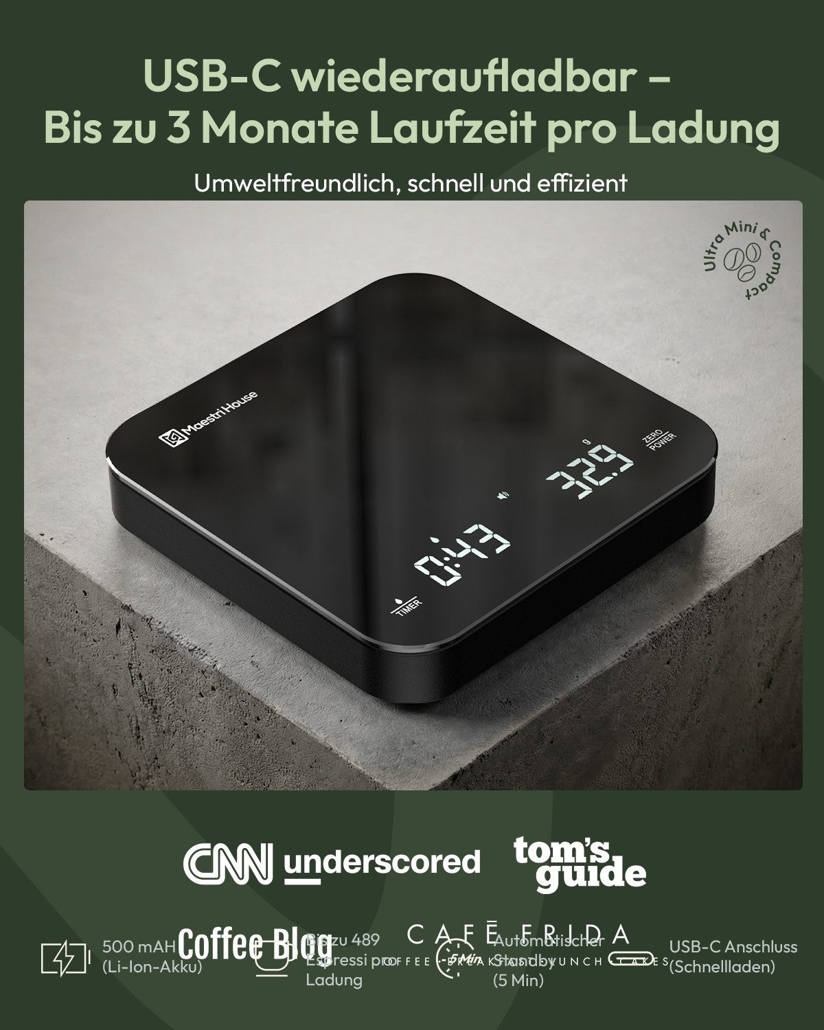 Maestri House Küchenwaage K112 Espressowaage mit Auto-Timer, 0,1 g / 2 kg, (1-tlg., Glasoberfläche für Espresso und Pour Over), Touch-Bedienung, USB-C, Tara, St – Bild 4 von 5
