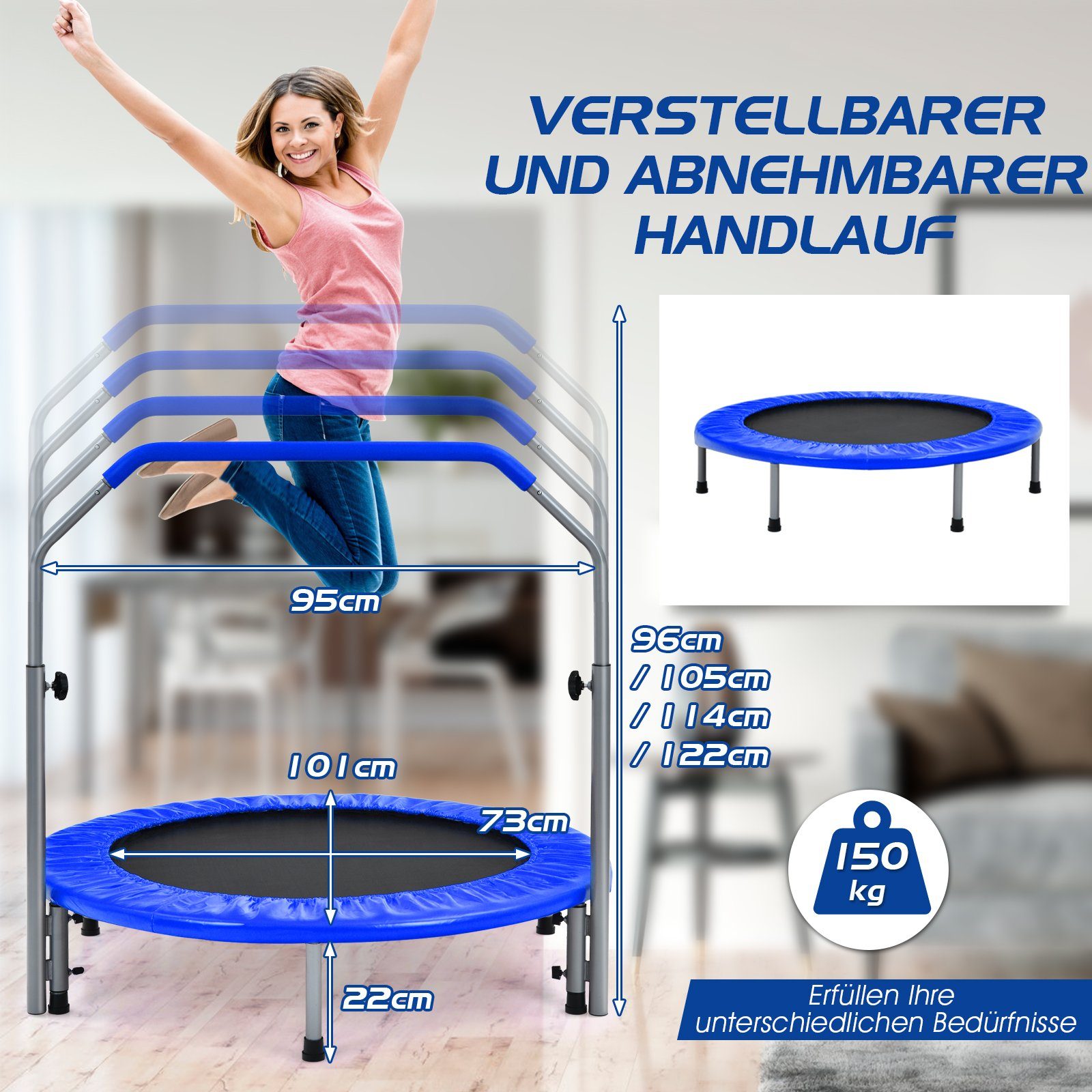 COSTWAY Fitnesstrampolin, Ø 101 cm, höhenverstellbarer Haltegriff, 150 kg