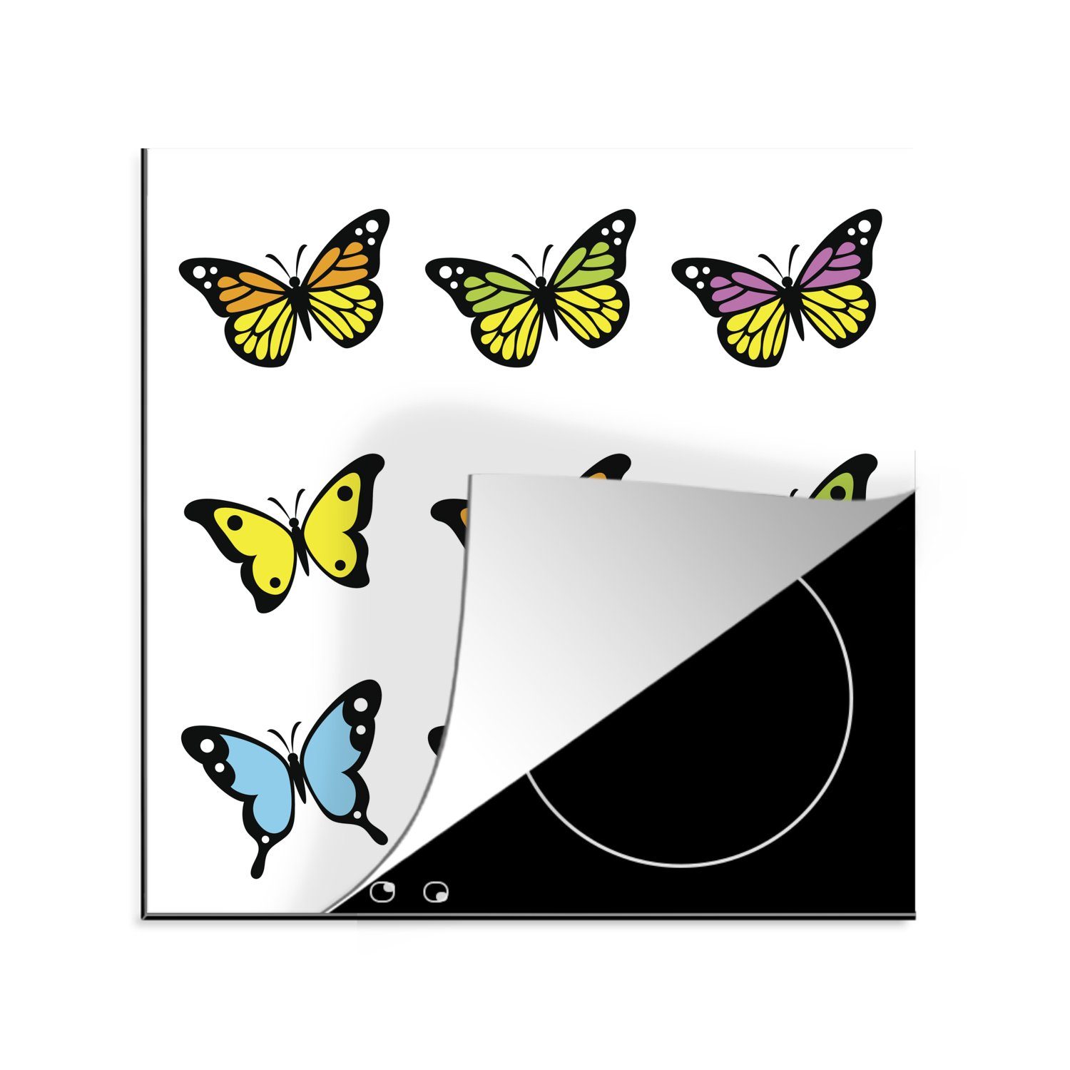weißen, einem Herdblende-/Abdeckplatte 78x78 von küche Arbeitsplatte Vinyl, tlg), Eine (1 auf Ceranfeldabdeckung, cm, Illustration neun MuchoWow Schmetterlingen für