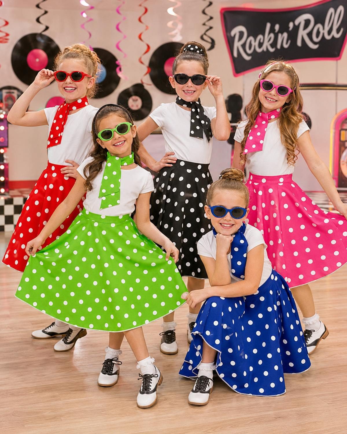 Funny Fashion Kostüm Fifties Punkte Tellerrock für Kinder mit Halstuch