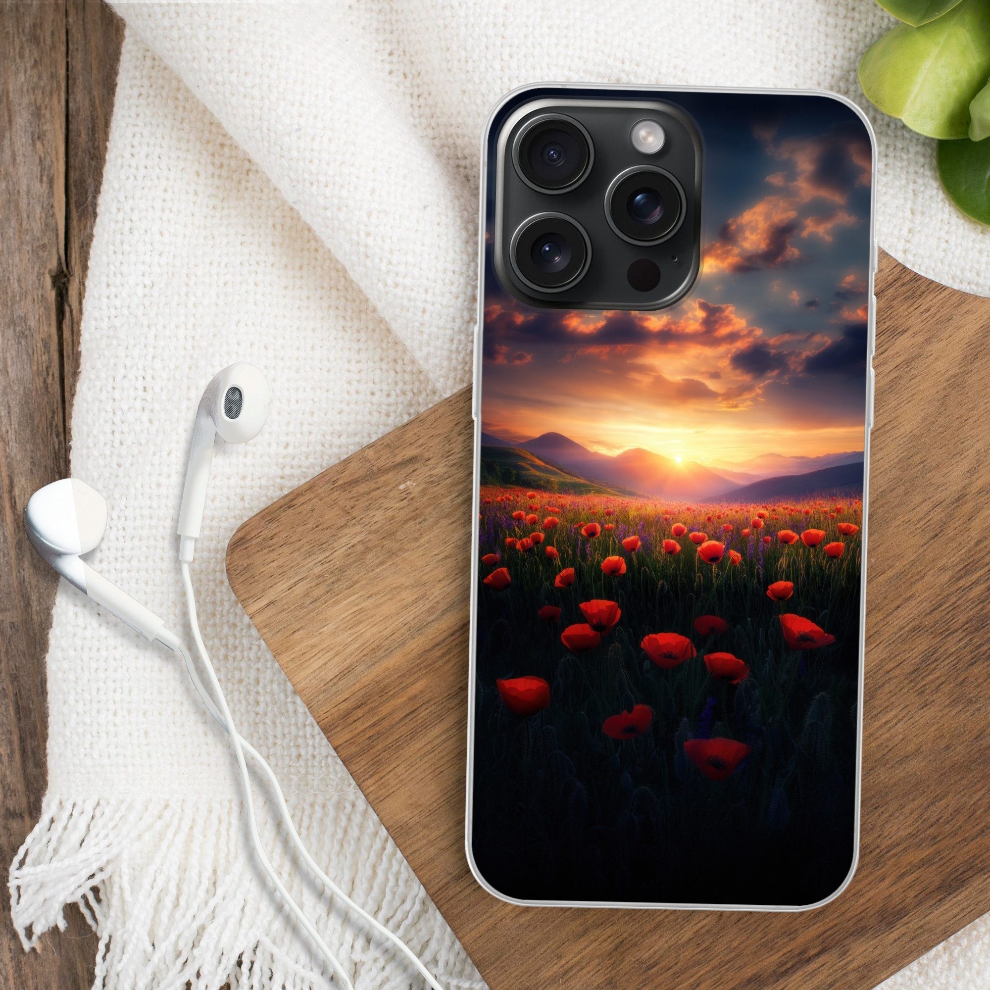 MuchoWow Handyhülle für Apple iPhone 15 Pro Max Landschaft - Sonnenuntergang - Blumenfeld, Smartphone-Bumper, Print, Handy Schutzhülle Dünn