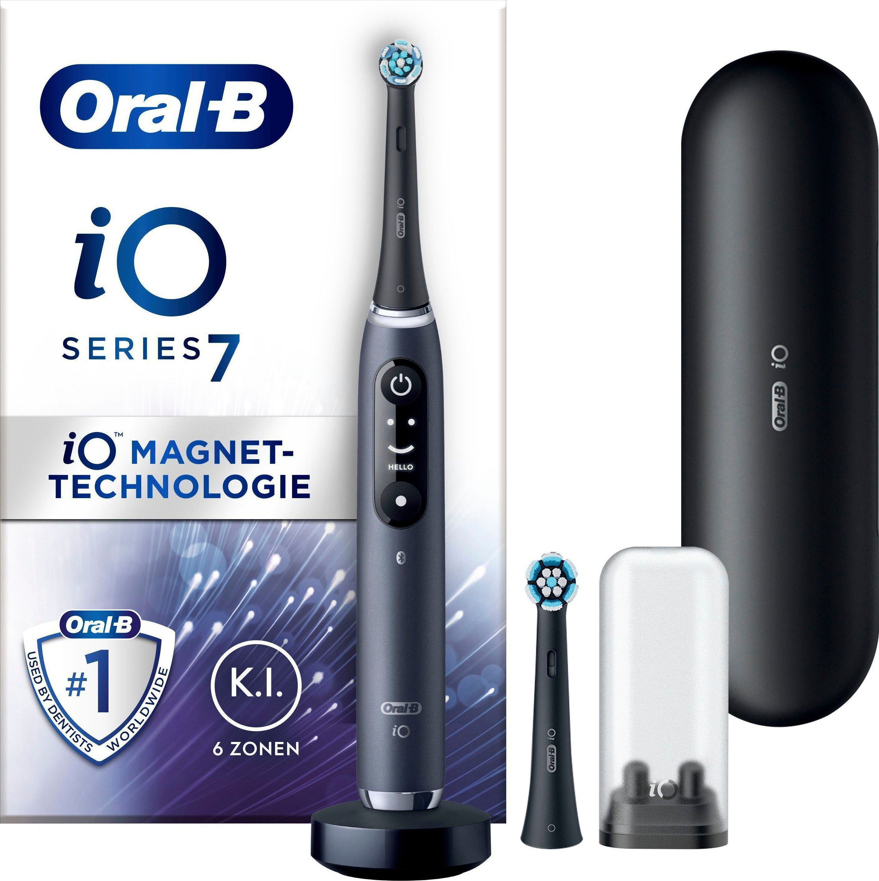 Oral-B Elektrische Zahnbürste iO 7, Aufsteckbürsten: 2 St., mit Magnet-Technologie, Display, 5 Putzmodi, Reiseetui Black Onyx
