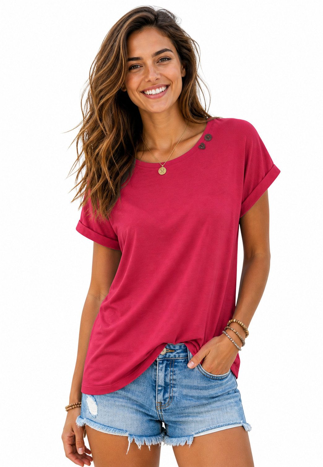 SUBLEVEL Kurzarmshirt Damen Leichtes Sommer Shirt T-Shirt V-Neck Basic-Shirt Rundhals