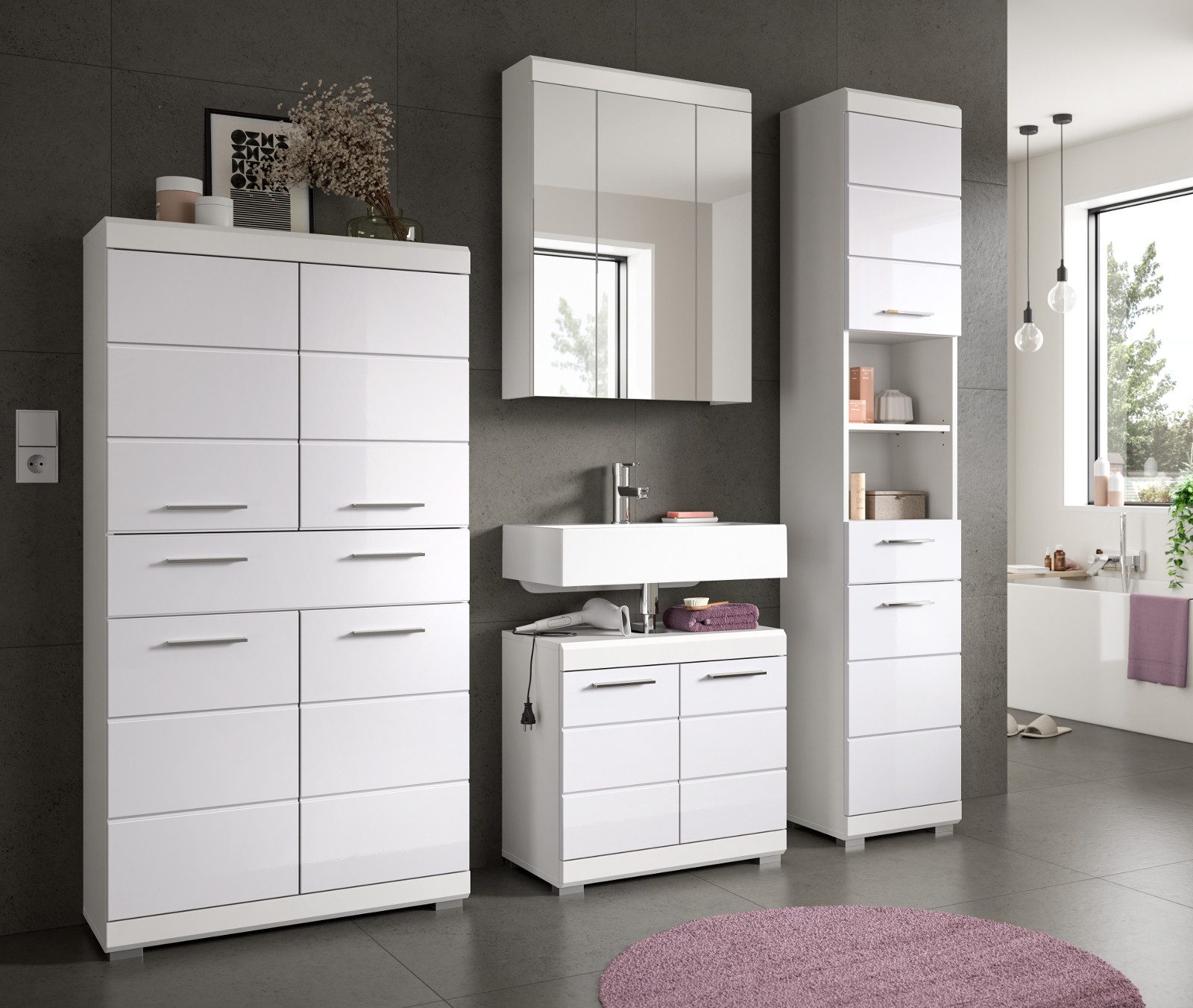 Inn.Furn Badmöbel-Set Shawn, (Badezimmer in weiß Hochglanz, 4-teilig, 200 x 191 cm), mit 4-türigem Midischrank