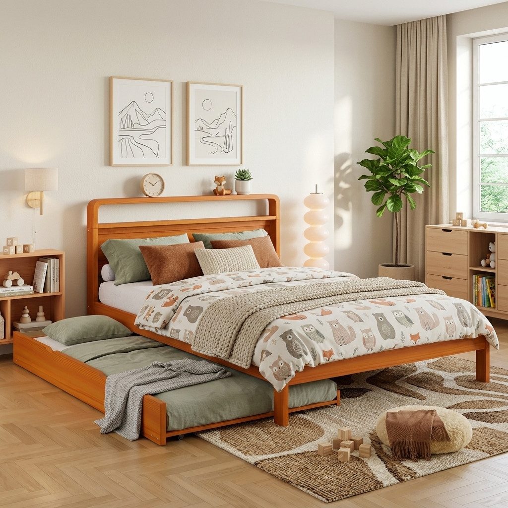 OKWISH Holzbett Funktionsbett Jugendbett (Jugendbett 140x200 cm mit weichem Kopfteil und Ausziehfunktion), Gästebett Kinderbett, Inklusive Matratze