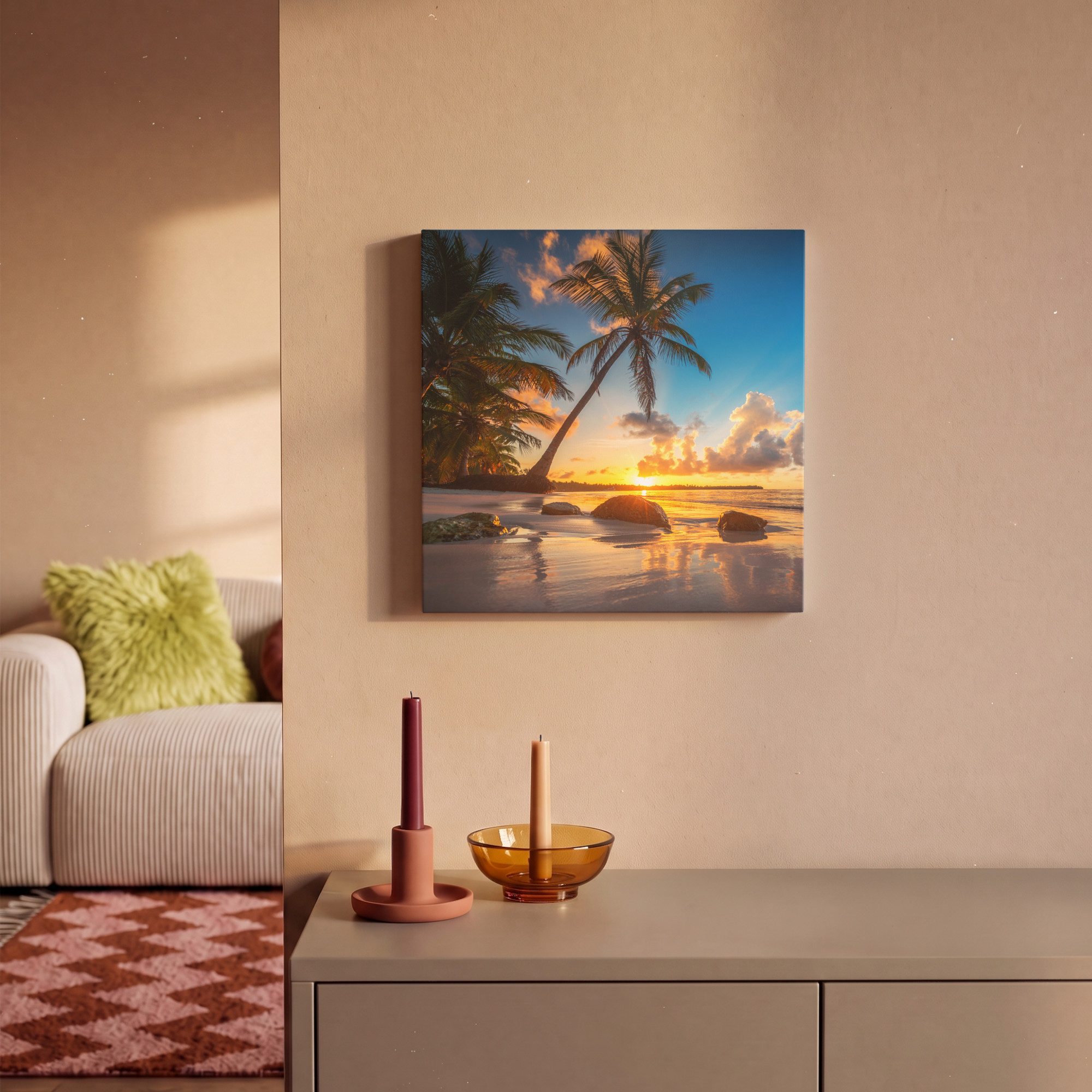 OneMillionCanvasses® Leinwandbild Strand - Meer - Palme - Sonnenuntergang, Fotodruck (1 St), Leinwand Bilder Klein, Wand Dekoration Aesthetic 30x20 cm – Bild 2 von 5