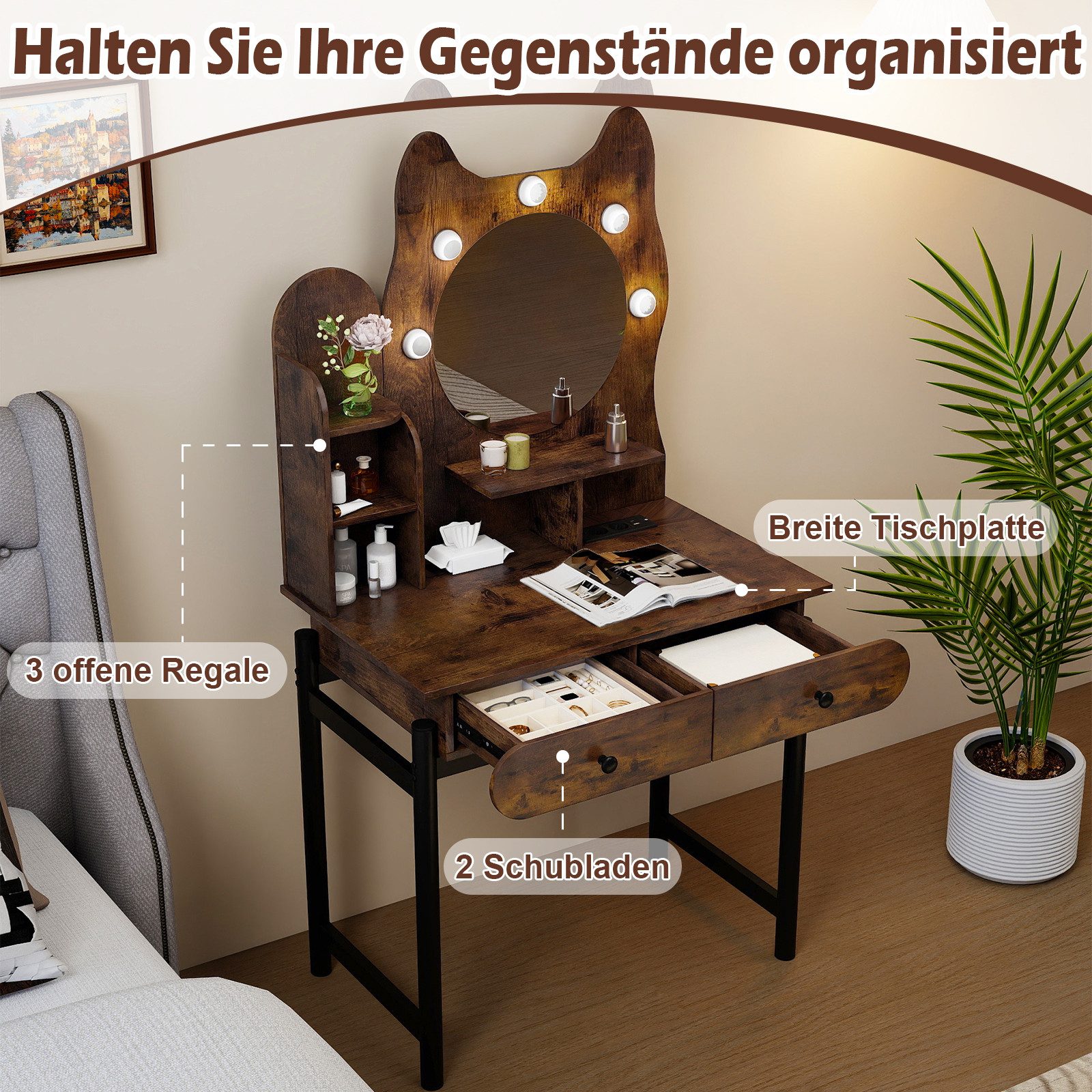 COSTWAY Schminktisch (1-St), Frisiertisch mit Spiegel, 3 Lichtmodi, in Katzenform