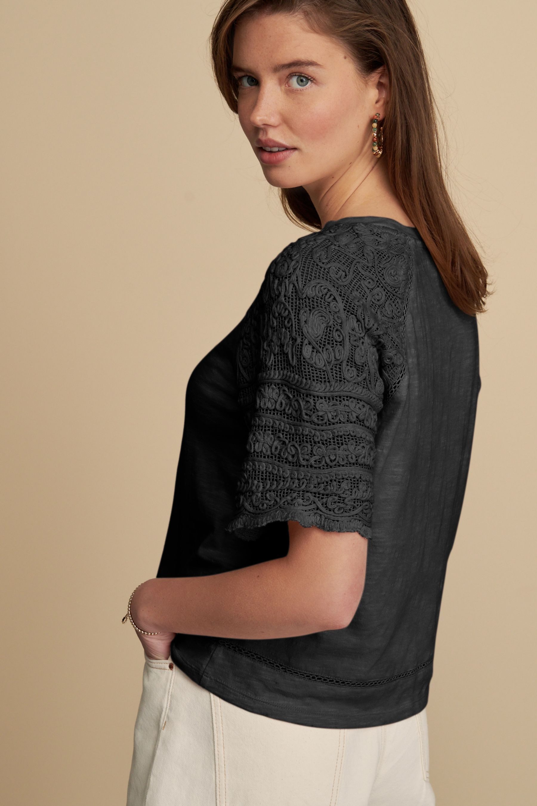 Next T-Shirt Kurzarm-T-Shirt mit Häkeldetail aus Baumwolle (1-tlg) günstig online kaufen