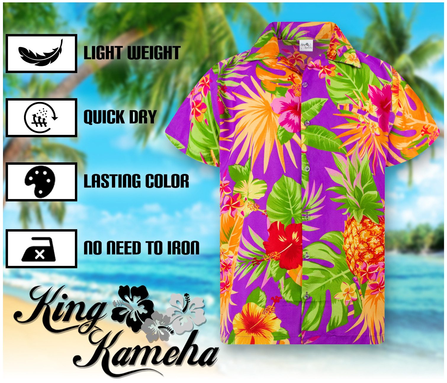 King Kameha Hawaiihemd Pineapple Funky Hawaii-Hemd Herren Kurzarm Front-Tasche Stylish Unisex
