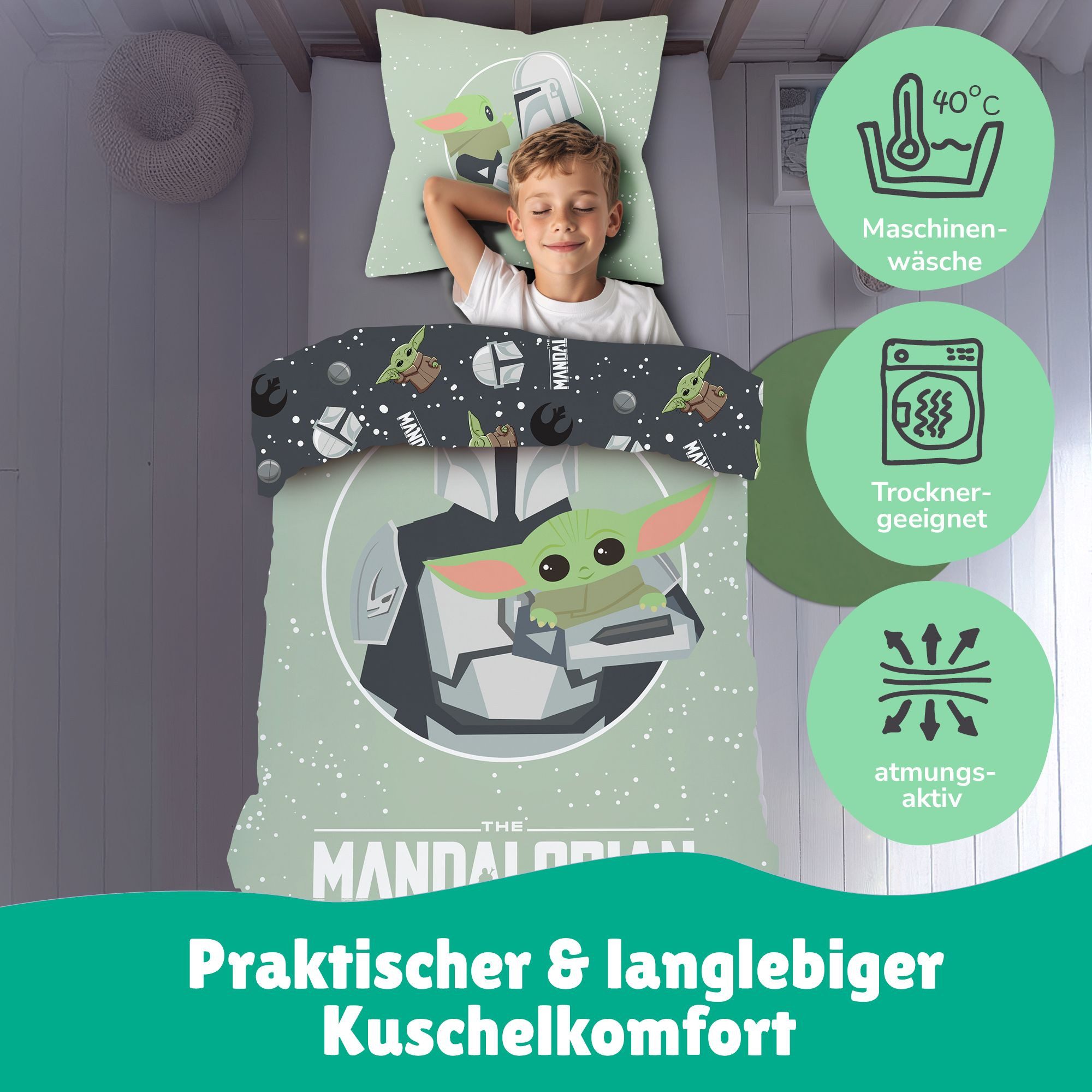 Familando Kinderbettwäsche Star Wars "The Mandalorian & Grogu" 135x200 80x80cm 100% Baumwolle, Renforcé, 2 teilig, mit Reißverschluss – Bild 4 von 5