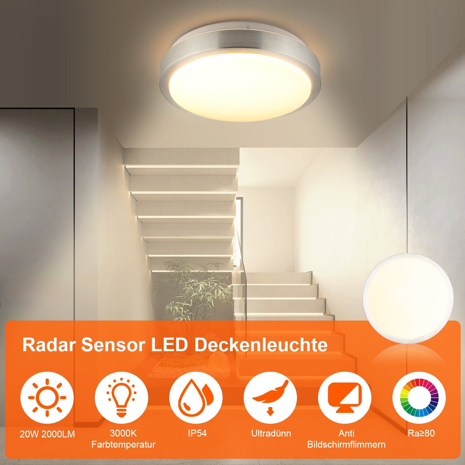 Balkon Sensorlampe IP54 20W Radar Deckenlampe Deckenleuchte Deckenleuchte LED für Bewegungsmelder Warmweiß, mit integriert, mit Bewegungsmelder, Deckenlampe, oyajia LED Sensor, fest Keller,
