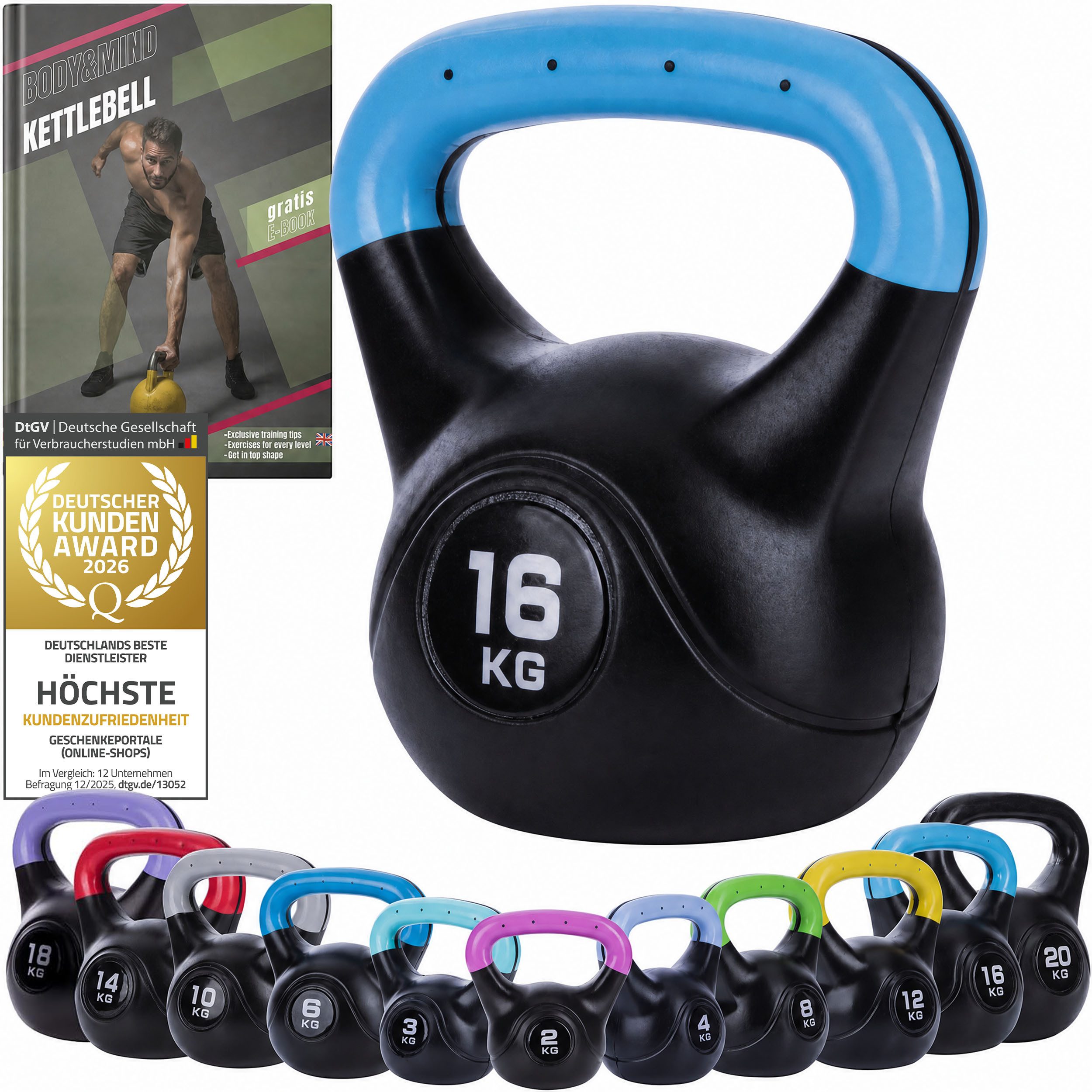 Body & Mind Kettlebell Body & Mind Kettlebell 2–20 kg – Profi Kettlebell mit Kunststoffmantel, (Profi Schwunghantel), Kraftraining Workout Gewicht (16 kg)