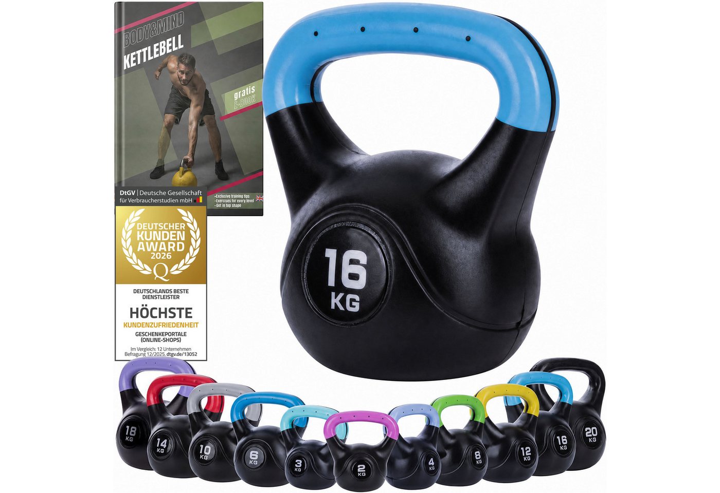 Body & Mind Kettlebell Body & Mind Kettlebell 2–20 kg – Profi Kettlebell mit Kunststoffmantel, (Profi Schwunghantel), Kraftraining Workout Gewicht (16 kg)